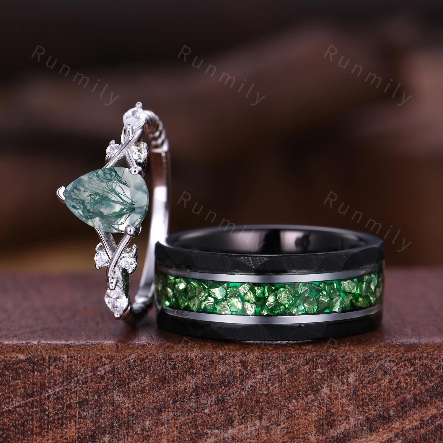 Natural Moss Agate Couples Ring Set Men's Crushed Emerald Band Vintage His and Her Wedding Band Promise Ring For Men and Women Green Rings