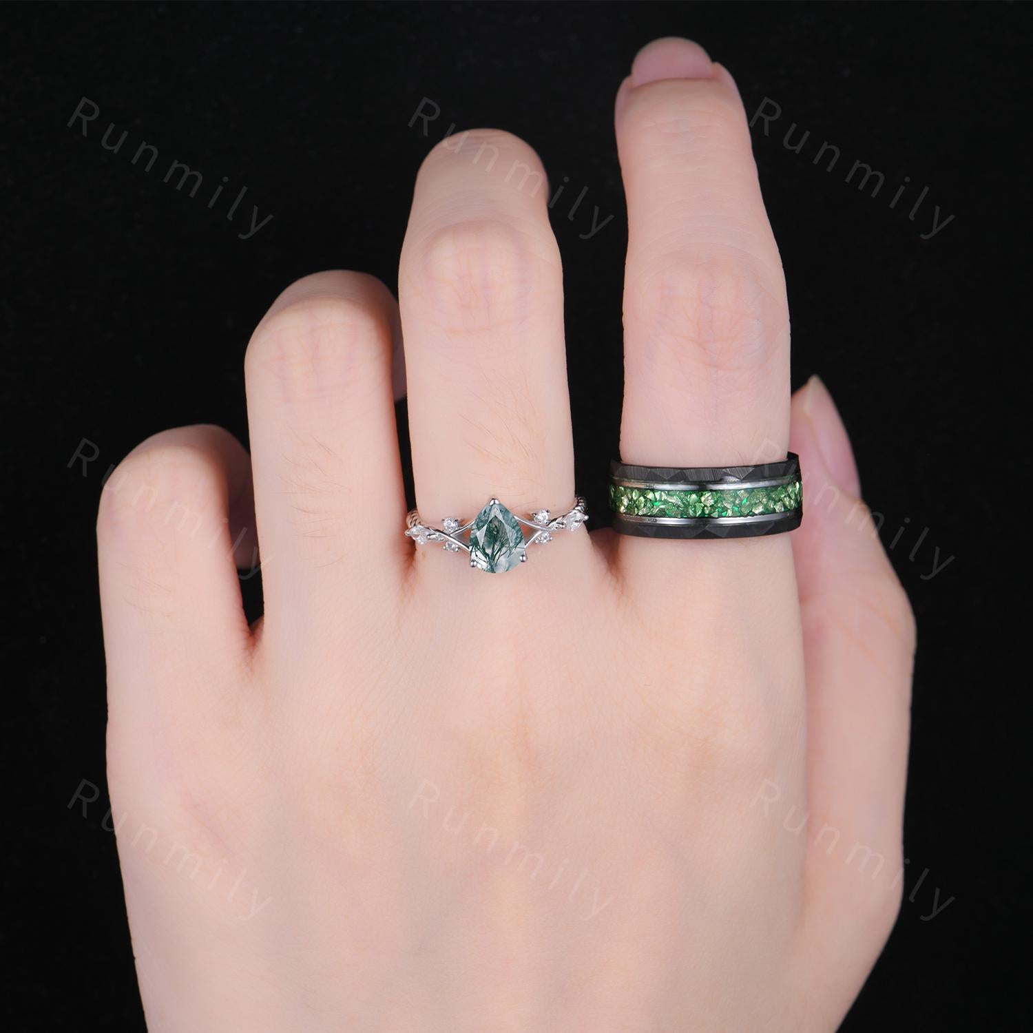 Natural Moss Agate Couples Ring Set Men's Crushed Emerald Band Vintage His and Her Wedding Band Promise Ring For Men and Women Green Rings