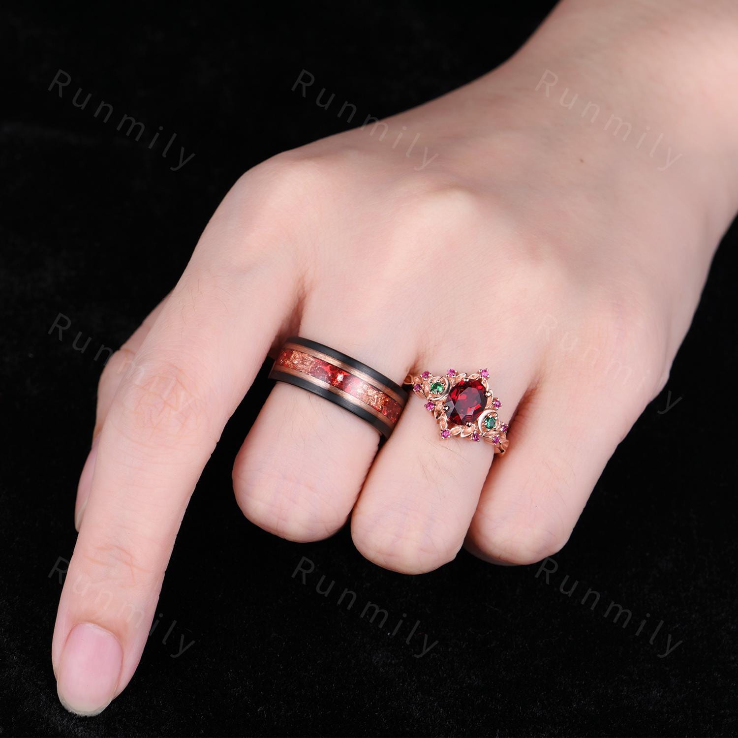 Antique Oval Ruby Couples Ring Set Rose Gold Matching Promise Ring Vintage His and Hers Wedding Band Mens Ruby Ring Anniversary Ring Gifts