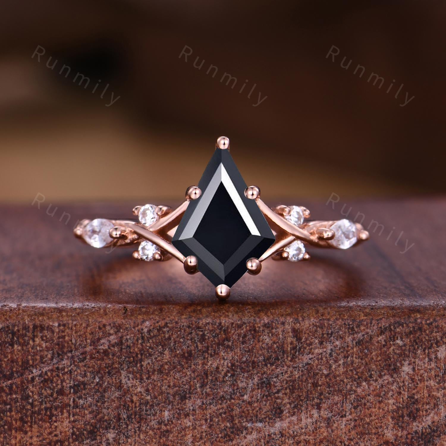 Kite cut black onyx couples ring set rose gold matching promise rings His and Hers wedding band Mens tungsten ring Couple's anniversary ring