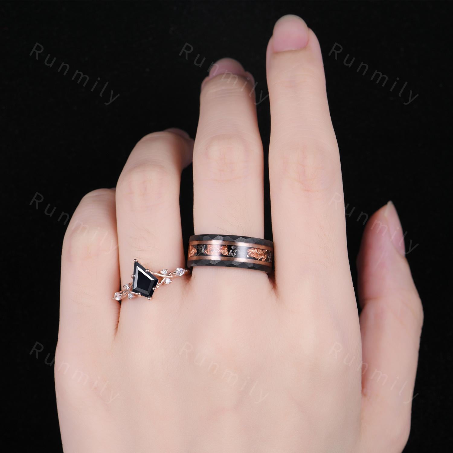Kite cut black onyx couples ring set rose gold matching promise rings His and Hers wedding band Mens tungsten ring Couple's anniversary ring