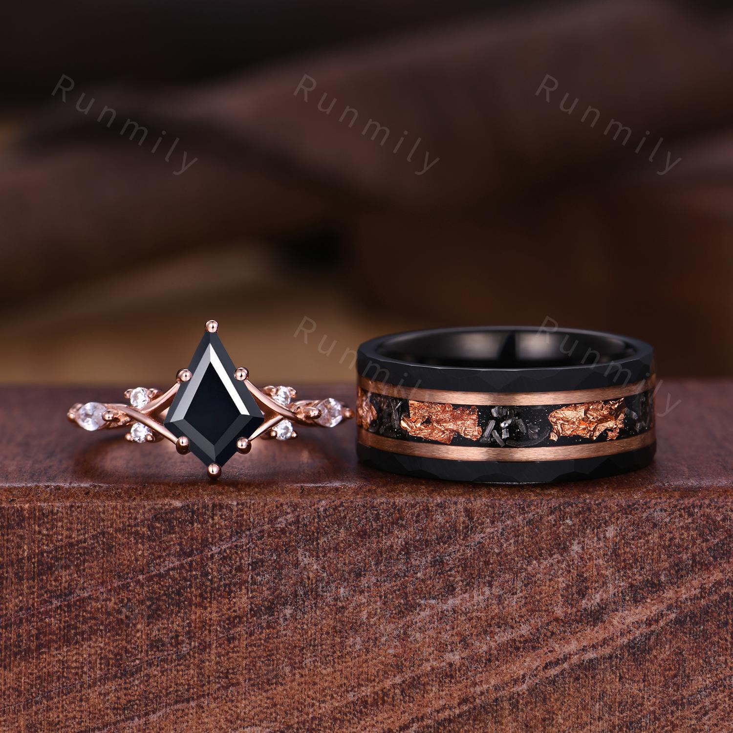 Kite cut black onyx couples ring set rose gold matching promise rings His and Hers wedding band Mens tungsten ring Couple's anniversary ring