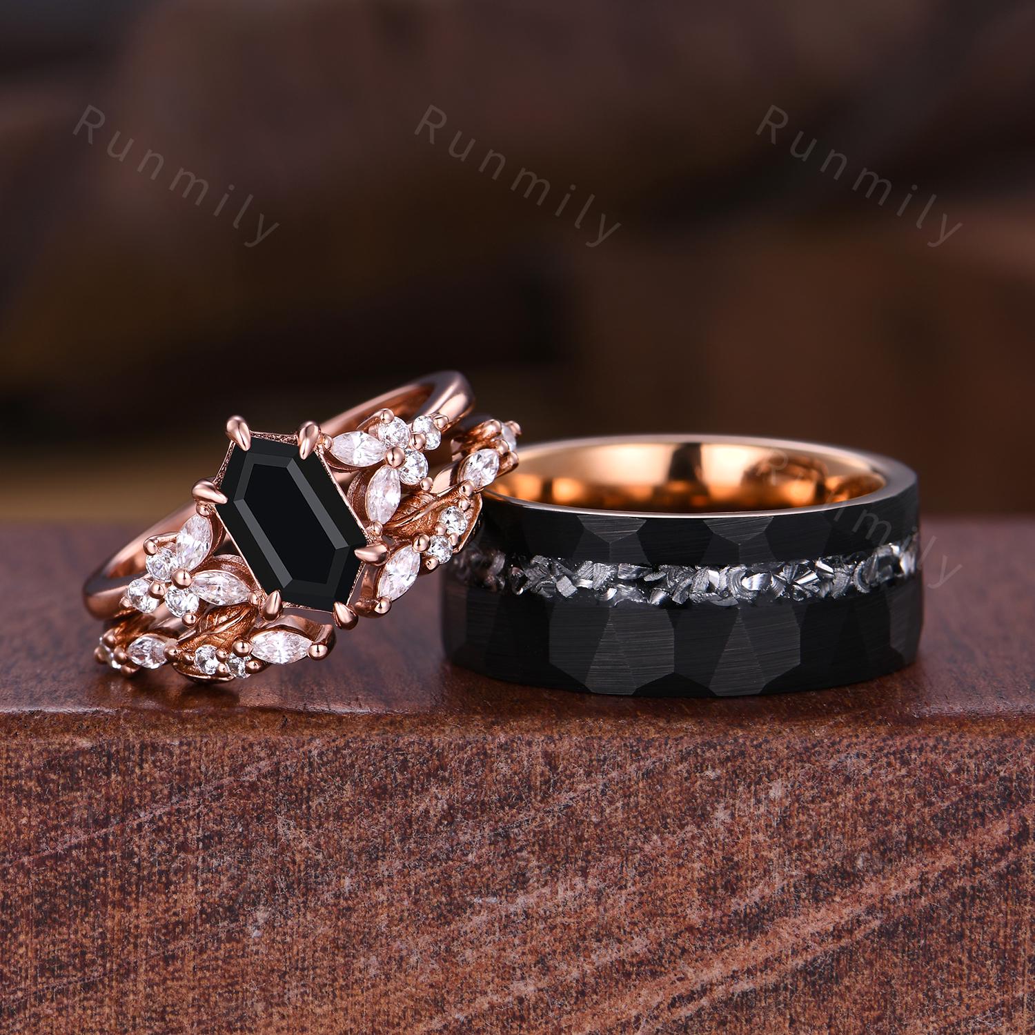 3PCS Vintage Black Onyx Couples Ring Set Unique Cluster Ring His and Hers Wedding Band Mens Tungsten Ring Hexagon cut Black Onyx Bridal Set