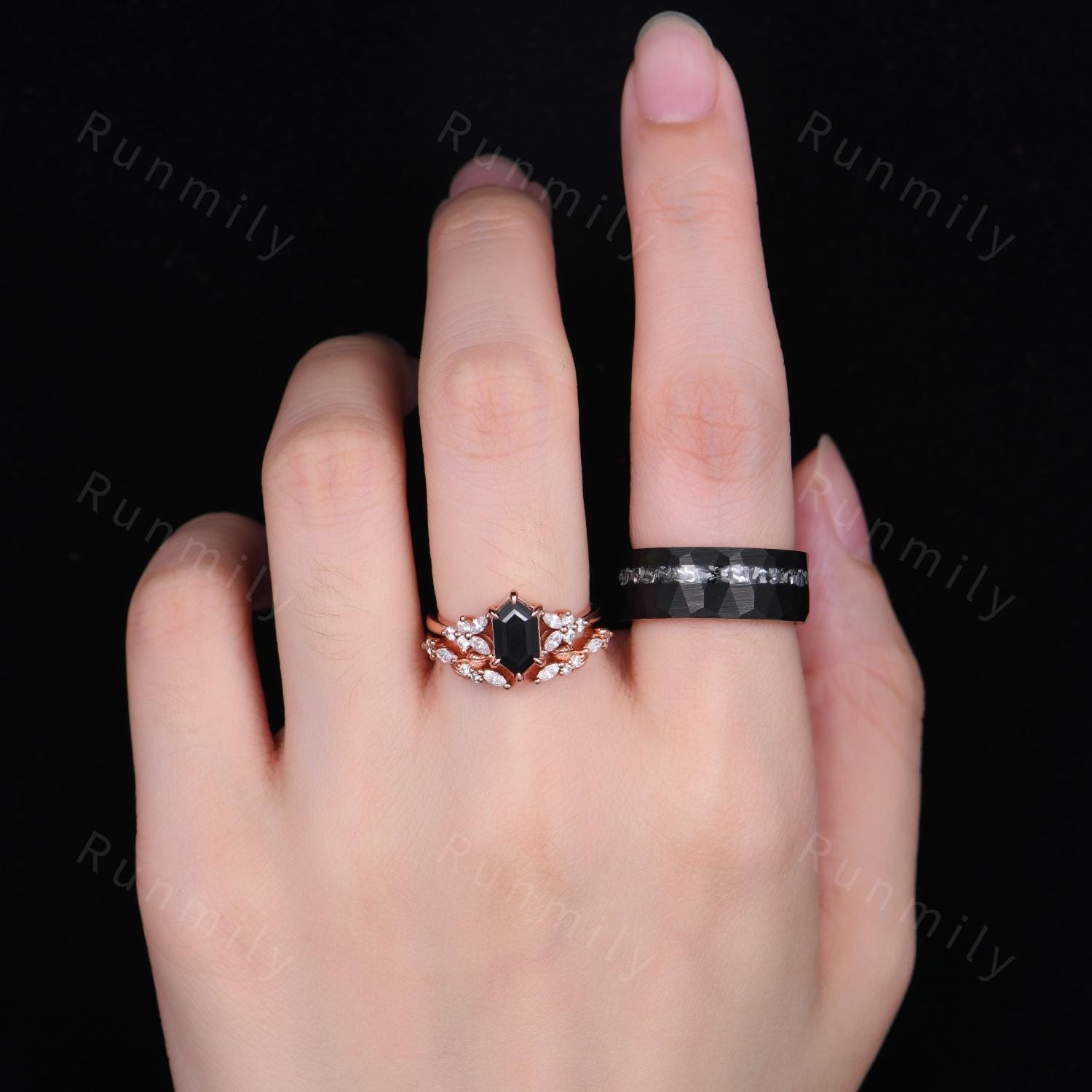 3PCS Vintage Black Onyx Couples Ring Set Unique Cluster Ring His and Hers Wedding Band Mens Tungsten Ring Hexagon cut Black Onyx Bridal Set