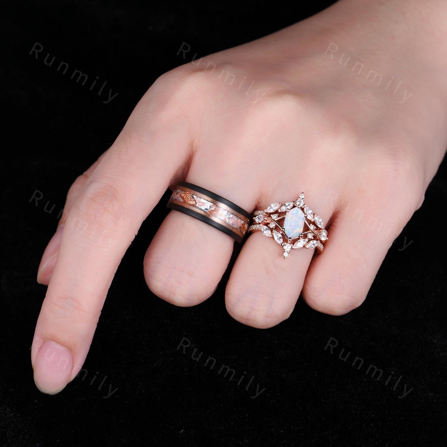 Vintage Hexagon Garnet Couples Ring Set Double Curved Diamond Band Rose Gold His and Her Bands Mens Garnet Ring Promise Ring For Couple