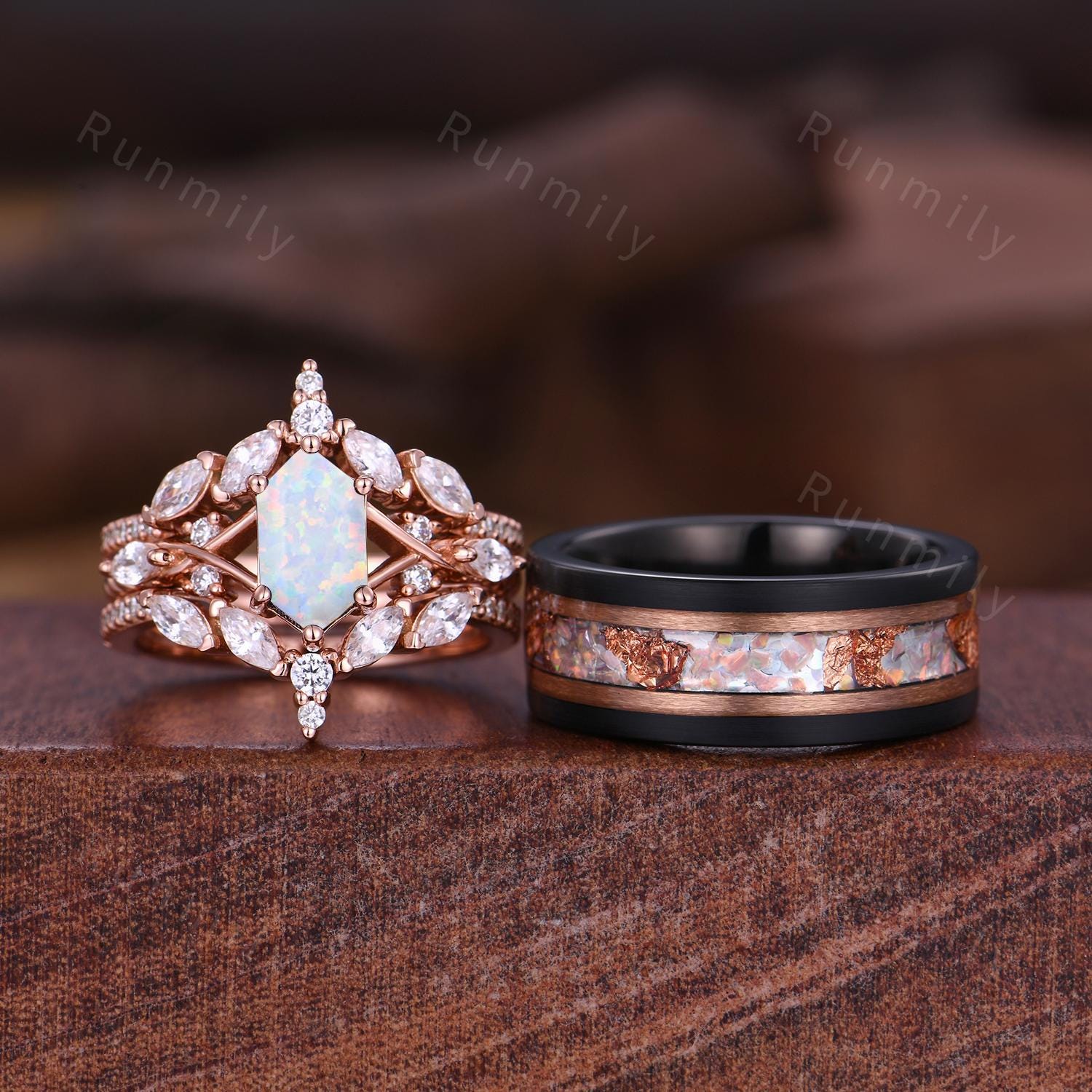 Vintage Hexagon Opal Couples Ring Set Double Curved Diamond Band Rose Gold His and Her Wedding Band Mens Opal Ring Promise Ring For Couple