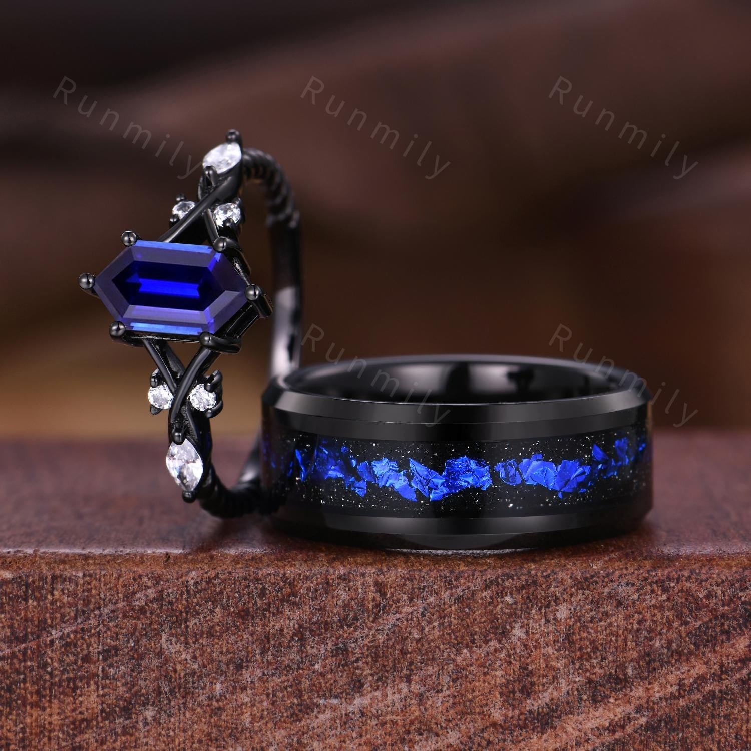 Vintage Blue Sapphire Couples Ring Gothic Black Gold Matching Ring Set His And Hers Wedding Band Orion Nebula Promise Ring For Couple