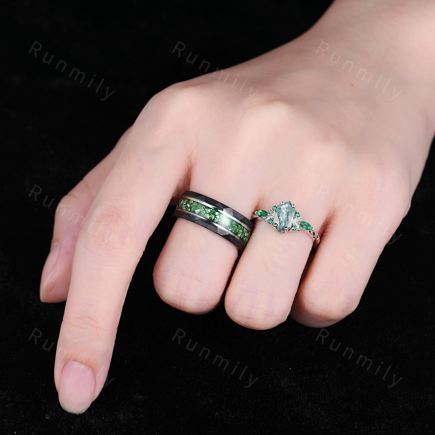 Natural Moss Agate & Emerald Couples Set Ring May Birthstone Gifts Vintage His and Her Wedding Band Men's Emerald Tungsten Ring Green Rings