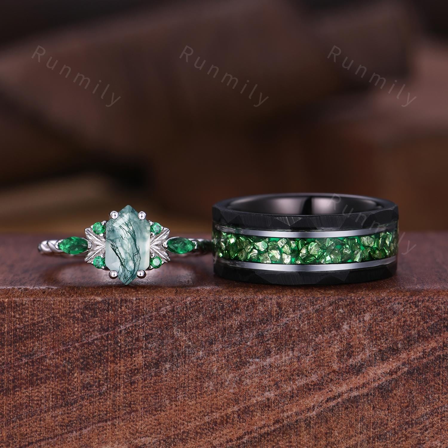 Natural Moss Agate & Emerald Couples Set Ring May Birthstone Gifts Vintage His and Her Wedding Band Men's Emerald Tungsten Ring Green Rings