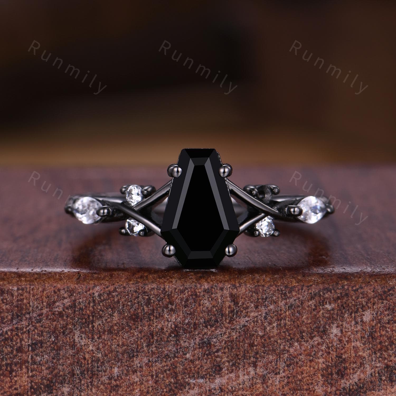Coffin cut black onyx ring gothic black gold engagement ring unique twisted band ring bridal promise ring Natural black gemstone ring