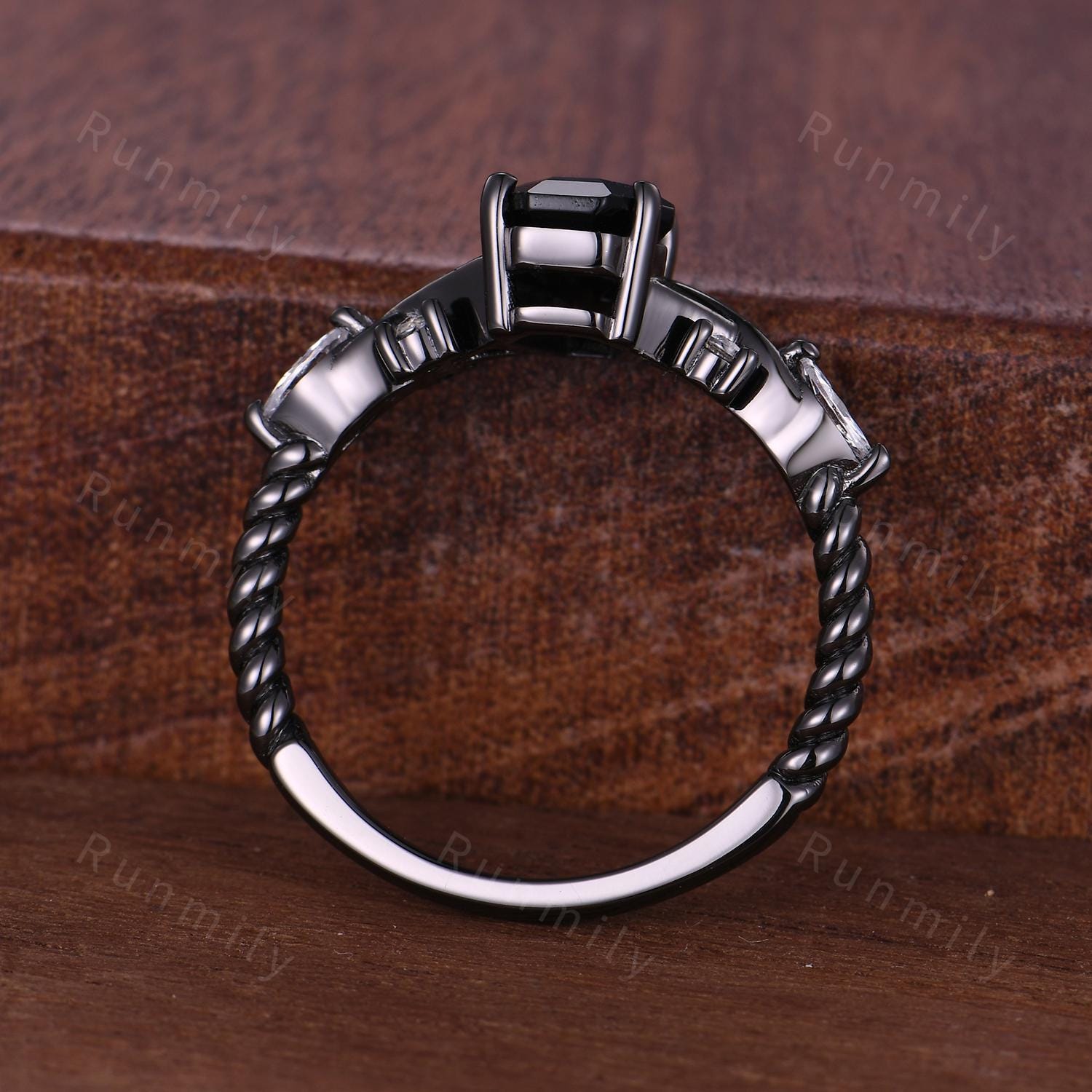 Coffin cut black onyx ring gothic black gold engagement ring unique twisted band ring bridal promise ring Natural black gemstone ring