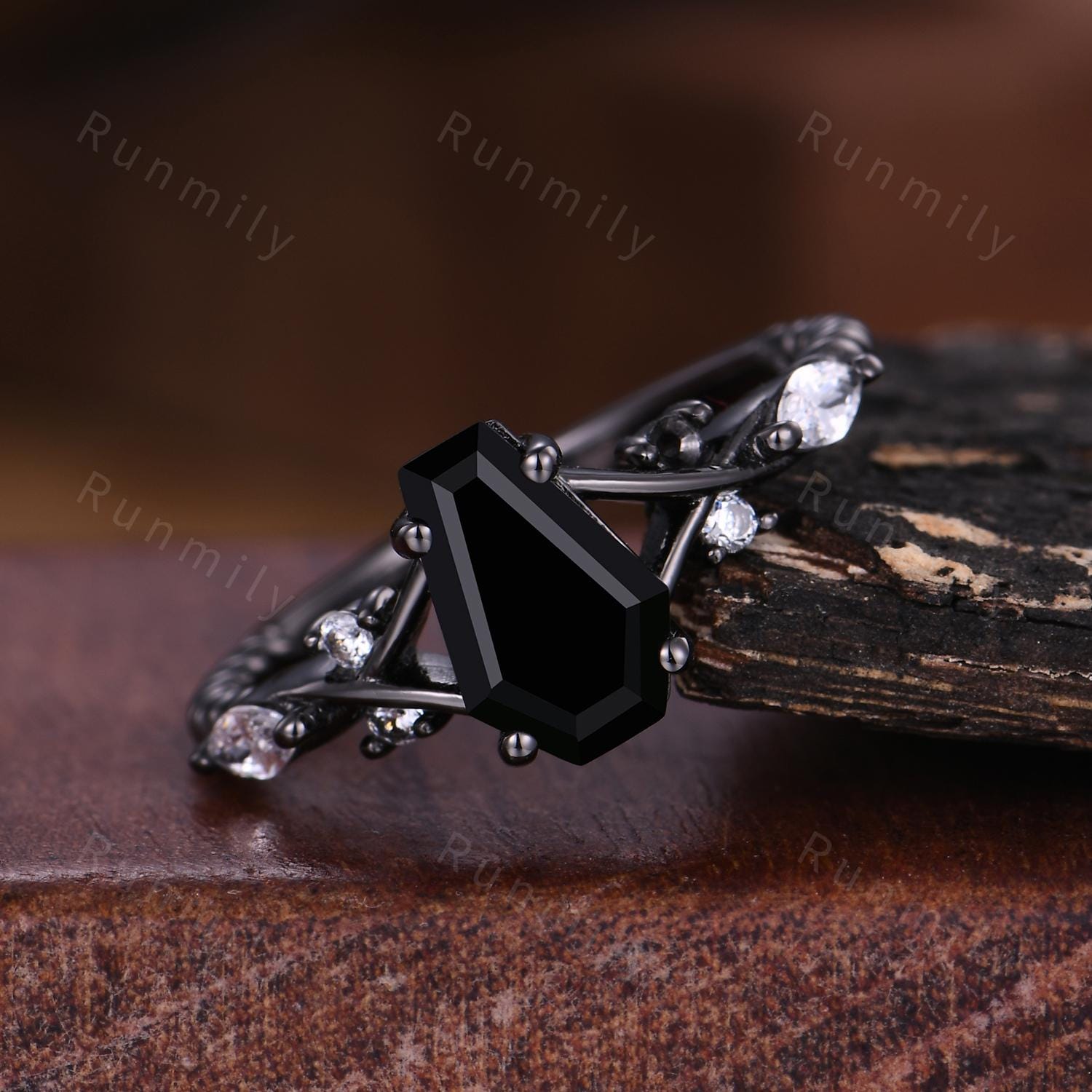 Coffin cut black onyx ring gothic black gold engagement ring unique twisted band ring bridal promise ring Natural black gemstone ring