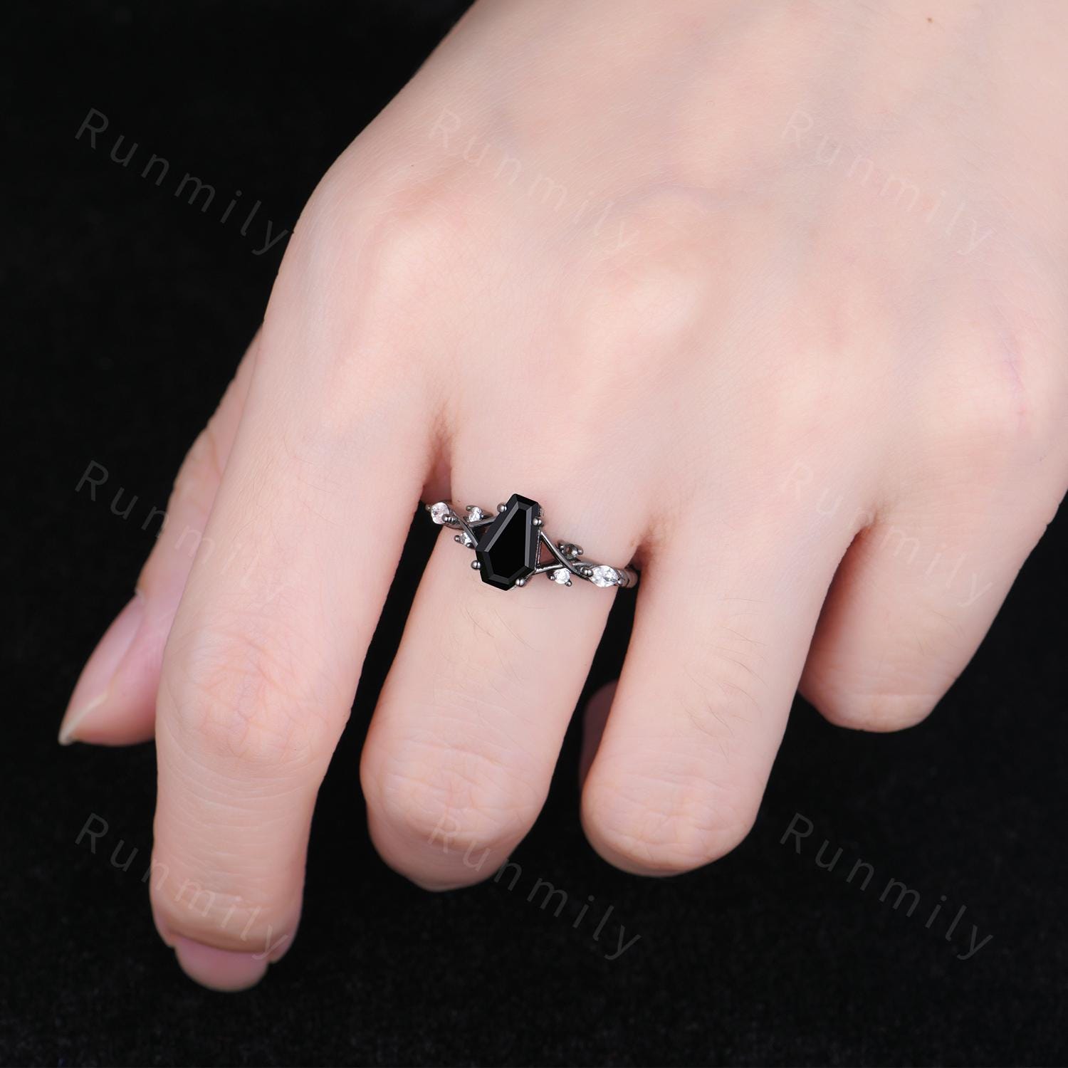 Coffin cut black onyx ring gothic black gold engagement ring unique twisted band ring bridal promise ring Natural black gemstone ring