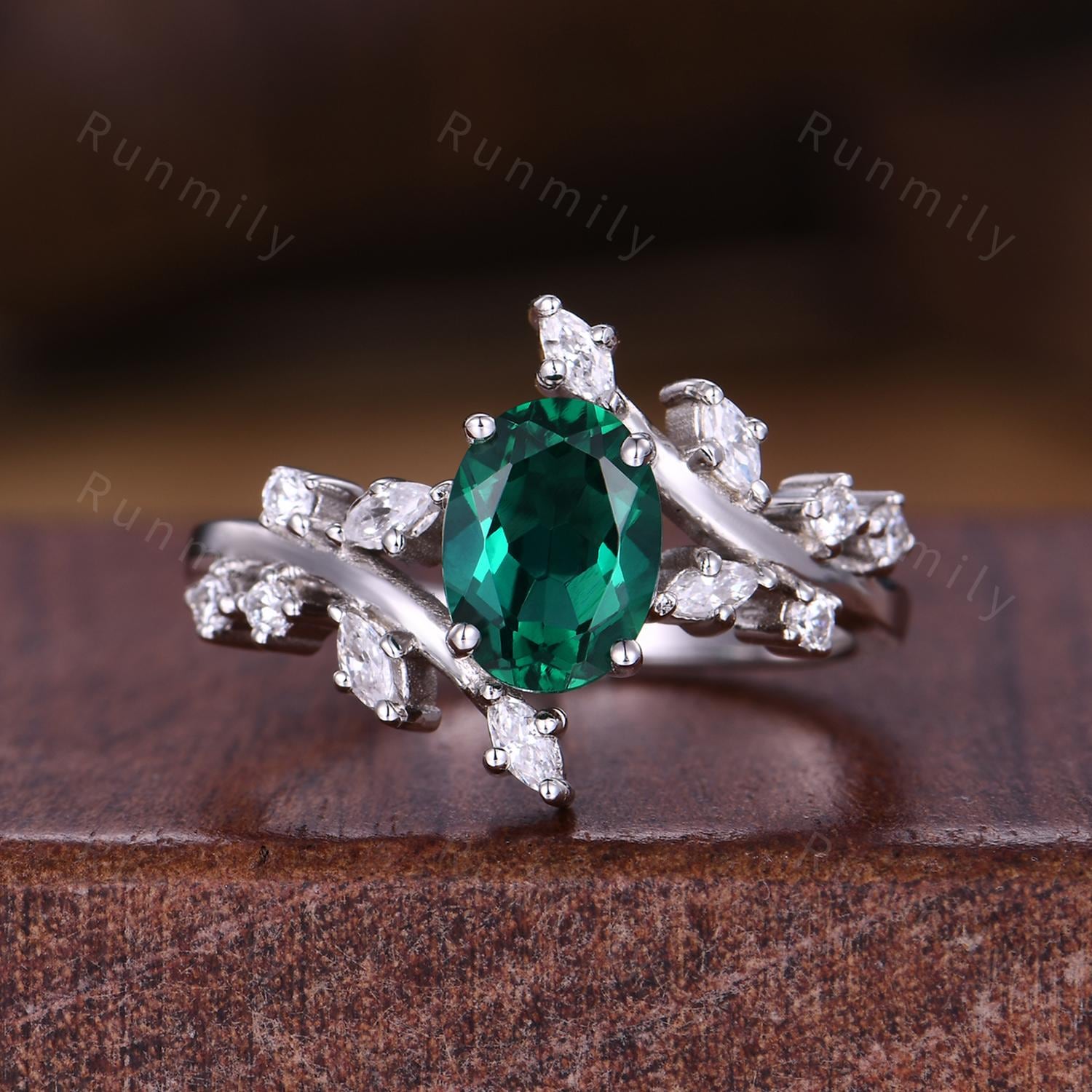 Vintage Emerald Engagement Ring Unique Branch Diamond Ring for Women Green Emerald White Gold Ring Art Deco Oval Cut Bridal Ring May Gifts