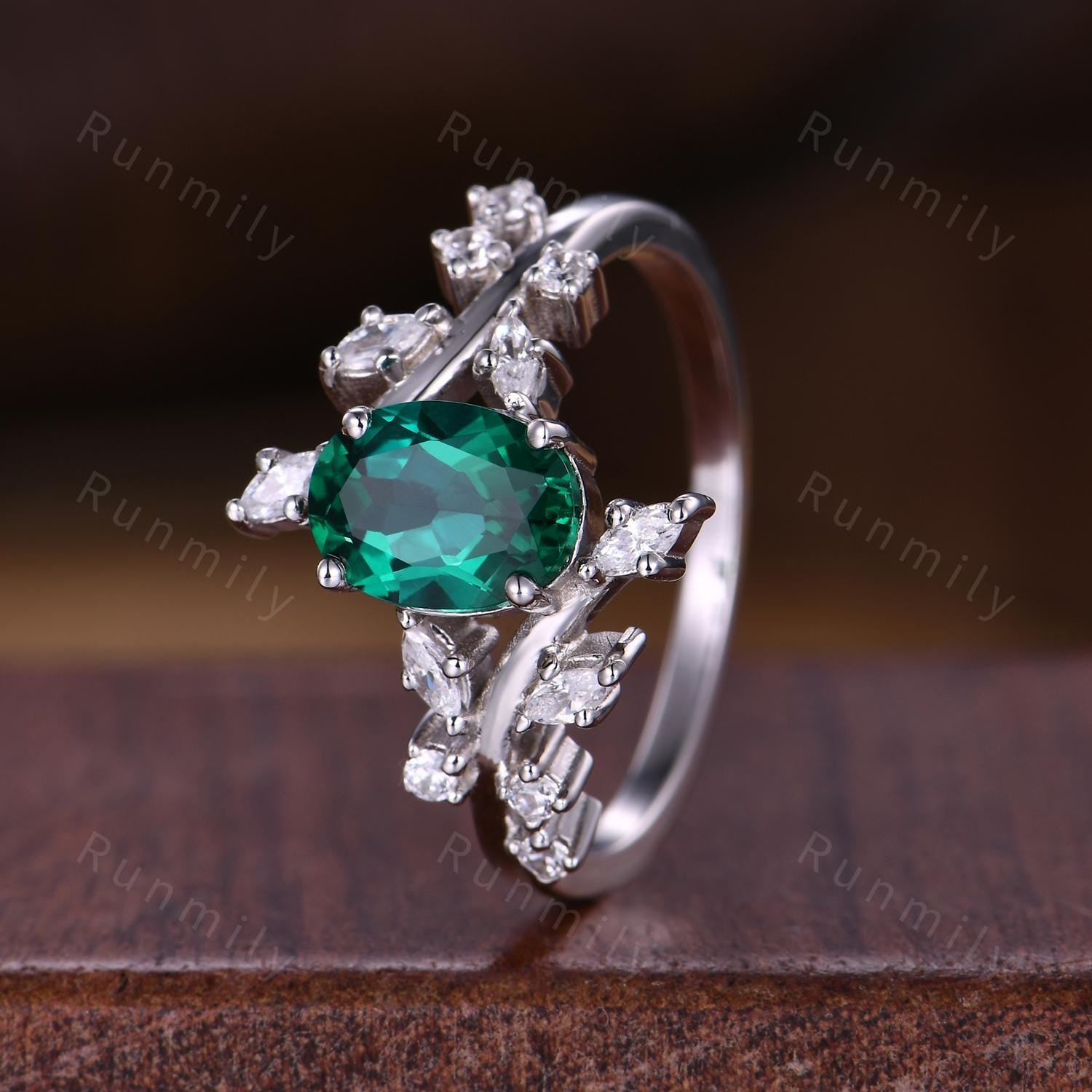 Vintage Emerald Engagement Ring Unique Branch Diamond Ring for Women Green Emerald White Gold Ring Art Deco Oval Cut Bridal Ring May Gifts
