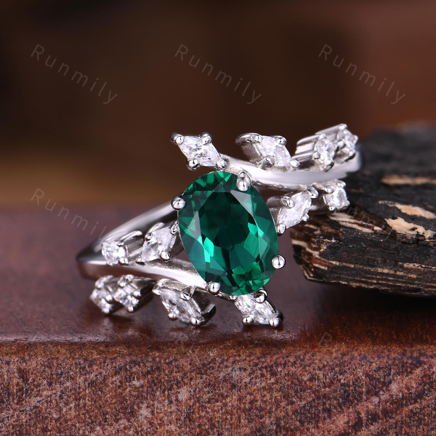 Vintage Emerald Engagement Ring Unique Branch Diamond Ring for Women Green Emerald White Gold Ring Art Deco Oval Cut Bridal Ring May Gifts