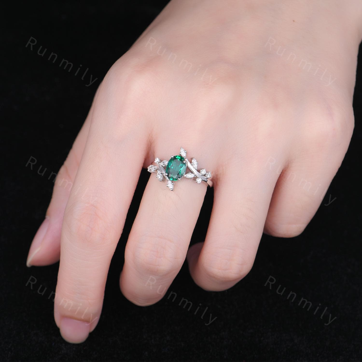 Vintage Emerald Engagement Ring Unique Branch Diamond Ring for Women Green Emerald White Gold Ring Art Deco Oval Cut Bridal Ring May Gifts