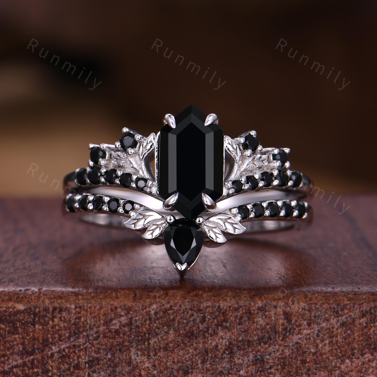 Vintage Hexagon cut Black Onyx Couples Ring Sterling Silver Matching Ring Set His and Hers Wedding Band Couple Black Gemstone Promise Ring