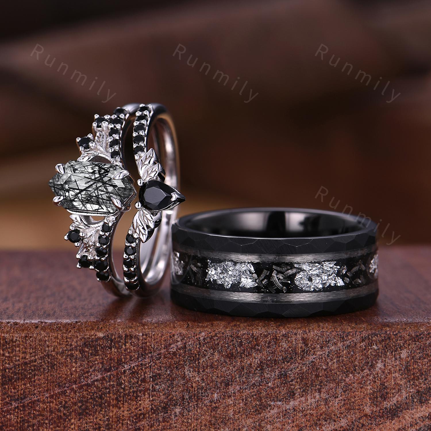 3PCS Black Rutilated Quartz Couple Ring Set Nature Inspired His and Hers Matching Wedding Band Mens Tungsten Ring Unique Bridal Ring Set