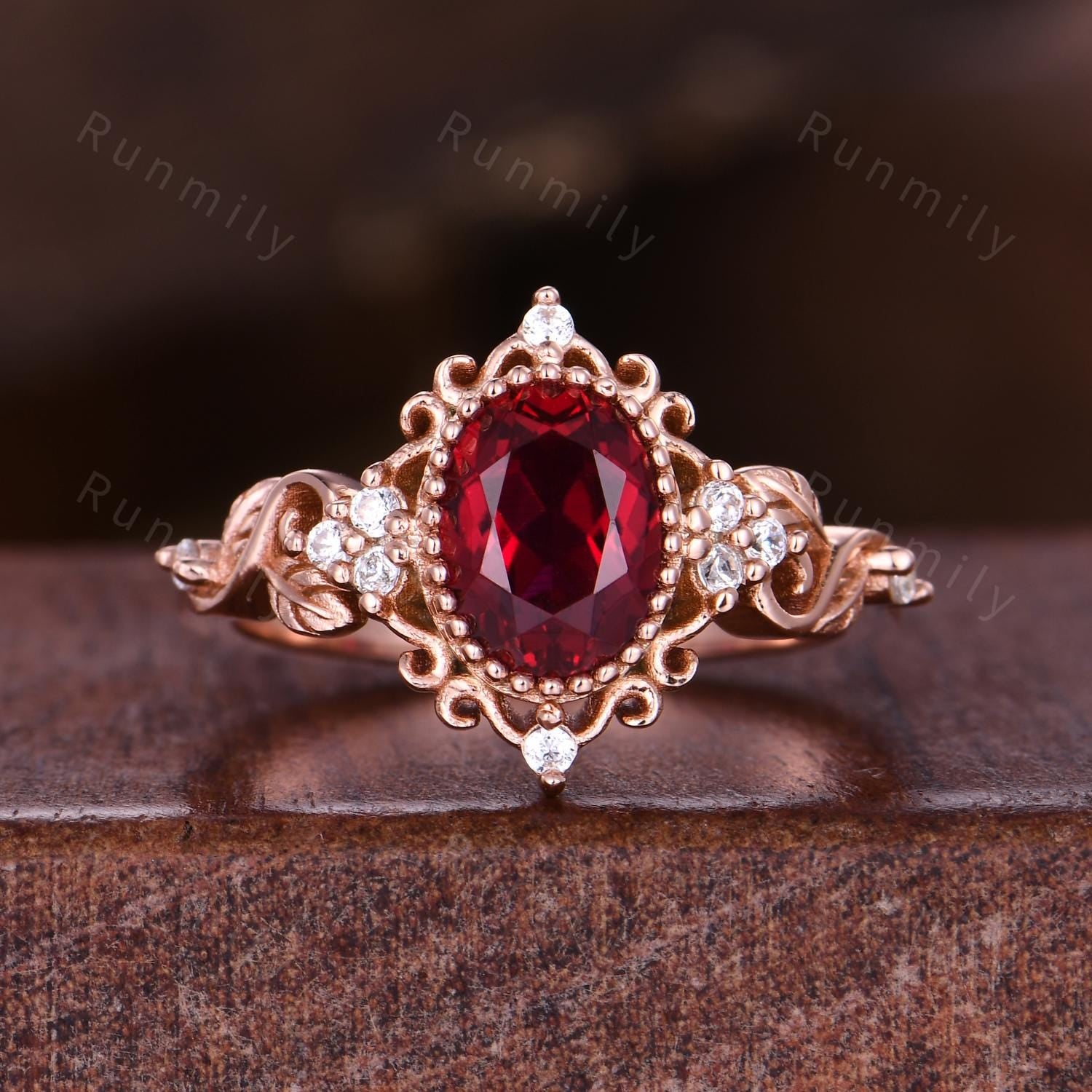 Vintage Oval cut Ruby Couples Ring Set Rose Gold Matching Ring His and Hers Promise Ring Mens Ruby Ring Leaf Inspired Ring Anniversary Ring