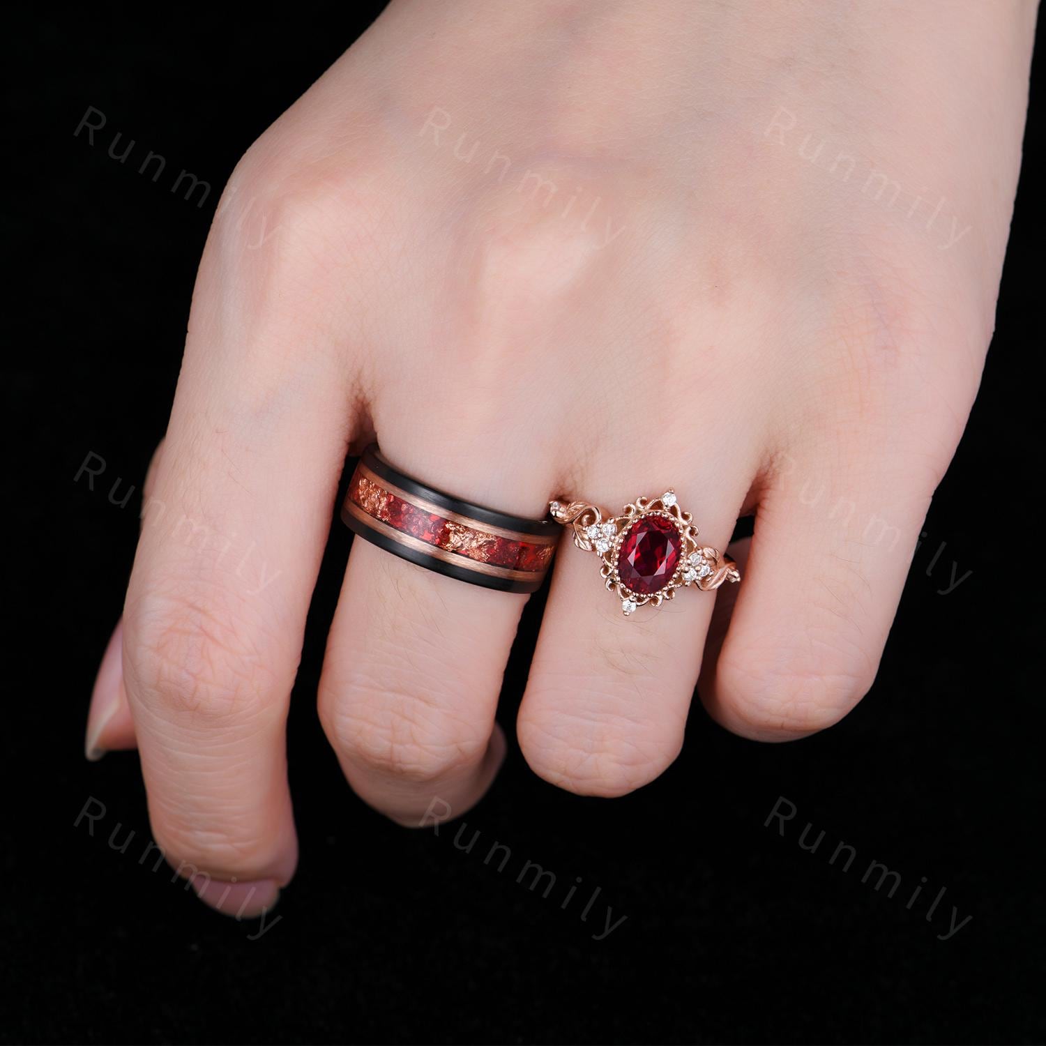 Vintage Oval cut Ruby Couples Ring Set Rose Gold Matching Ring His and Hers Promise Ring Mens Ruby Ring Leaf Inspired Ring Anniversary Ring