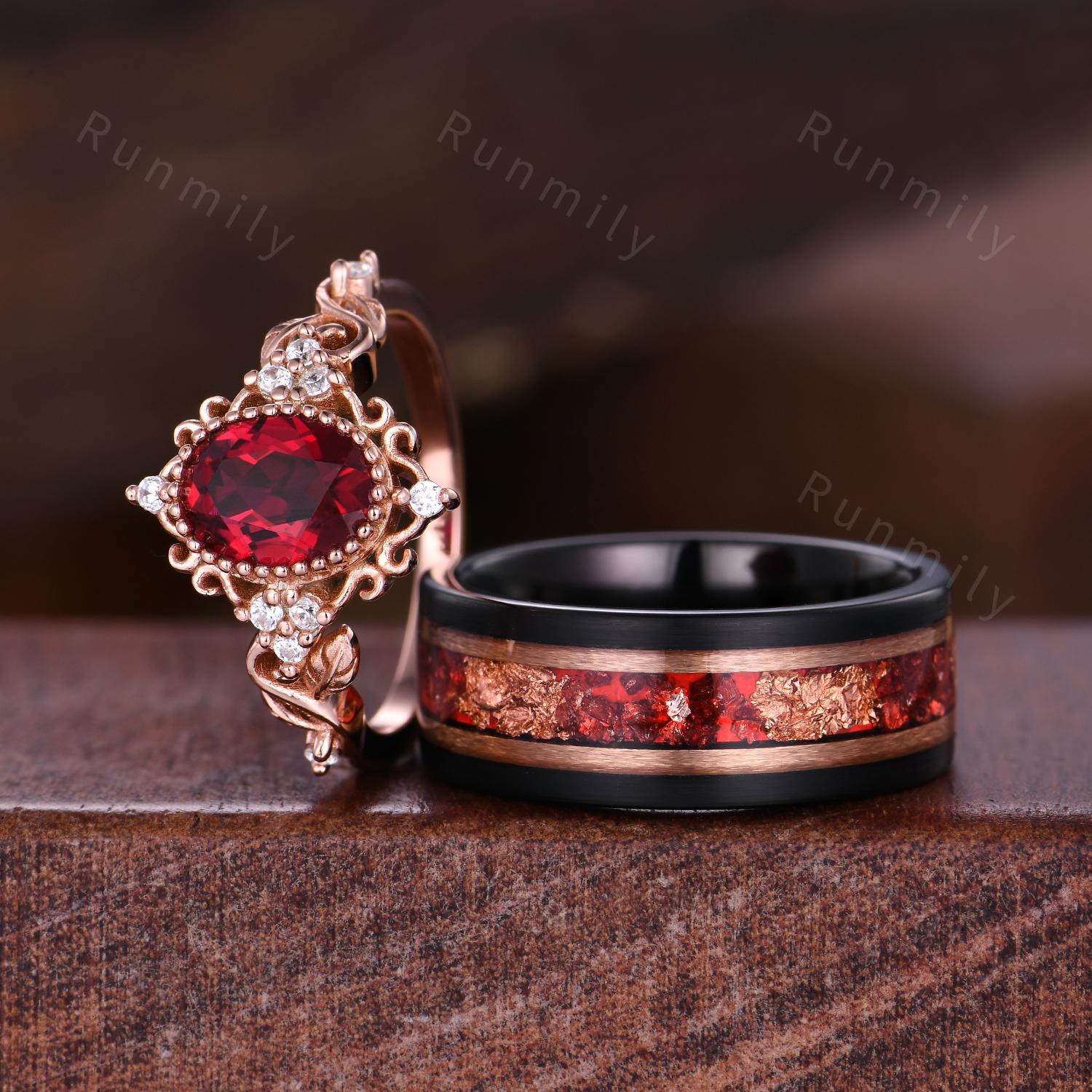 Vintage Oval cut Ruby Couples Ring Set Rose Gold Matching Ring His and Hers Promise Ring Mens Ruby Ring Leaf Inspired Ring Anniversary Ring