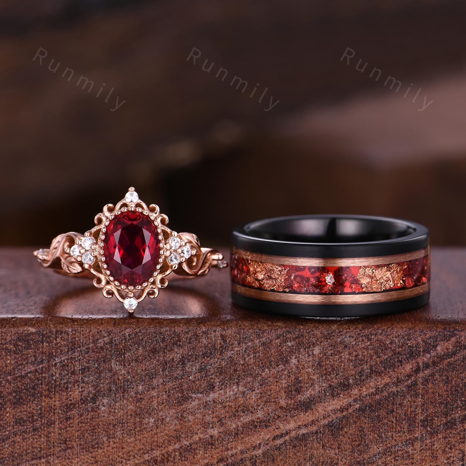 Vintage Oval cut Ruby Couples Ring Set Rose Gold Matching Ring His and Hers Promise Ring Mens Ruby Ring Leaf Inspired Ring Anniversary Ring