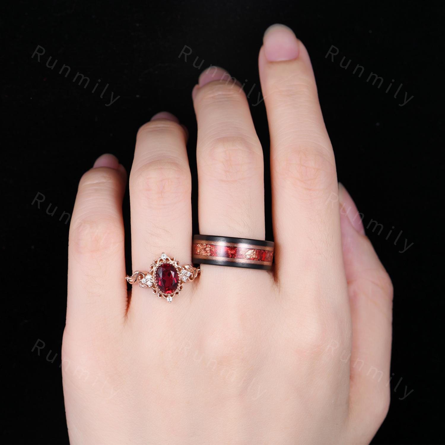 Vintage Oval cut Ruby Couples Ring Set Rose Gold Matching Ring His and Hers Promise Ring Mens Ruby Ring Leaf Inspired Ring Anniversary Ring