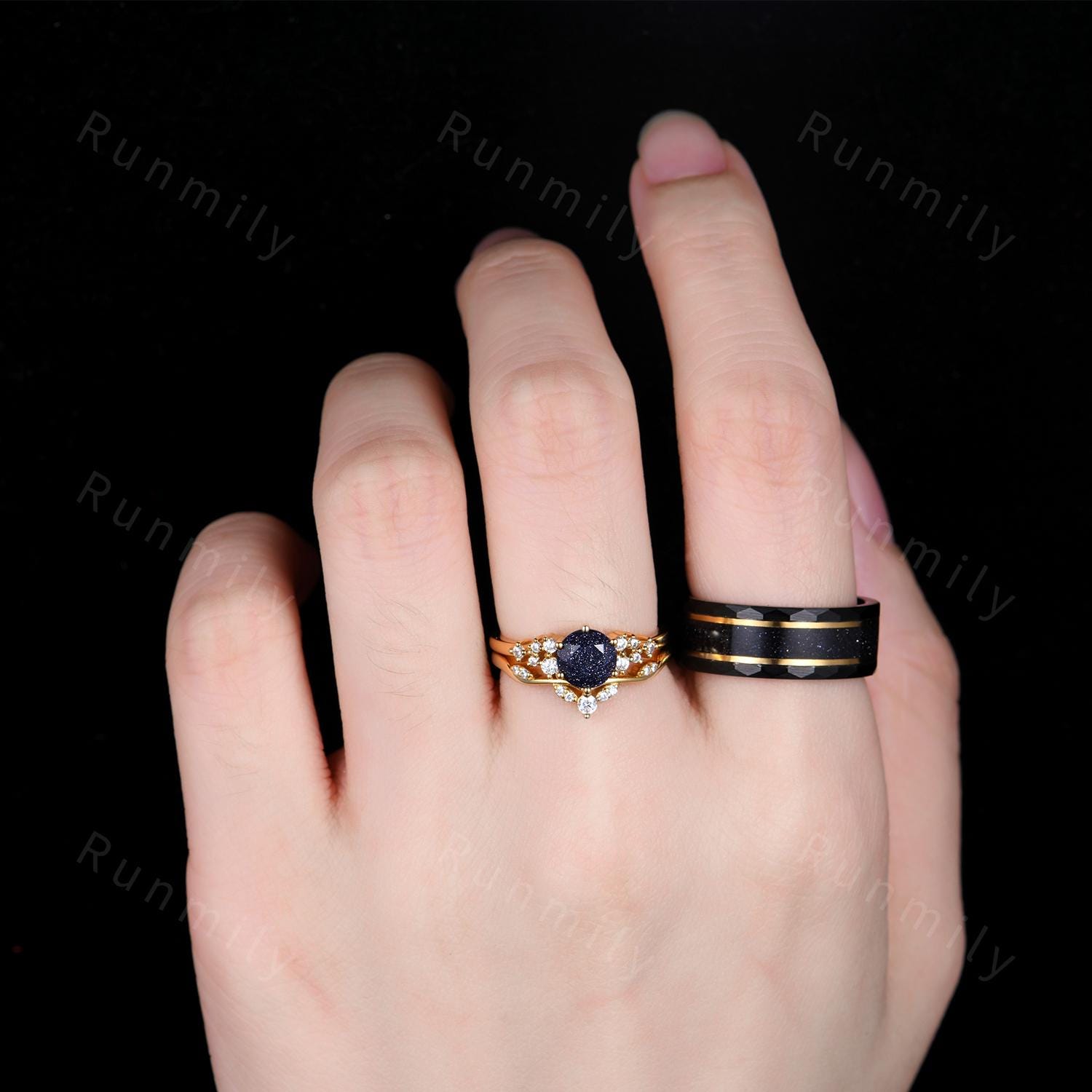 Vintage Blue Sandstone Engagement Ring Set Yellow Gold Couples Ring His and Hers Galaxy Sandstone Wedding Band Anniversary Gift for Couple