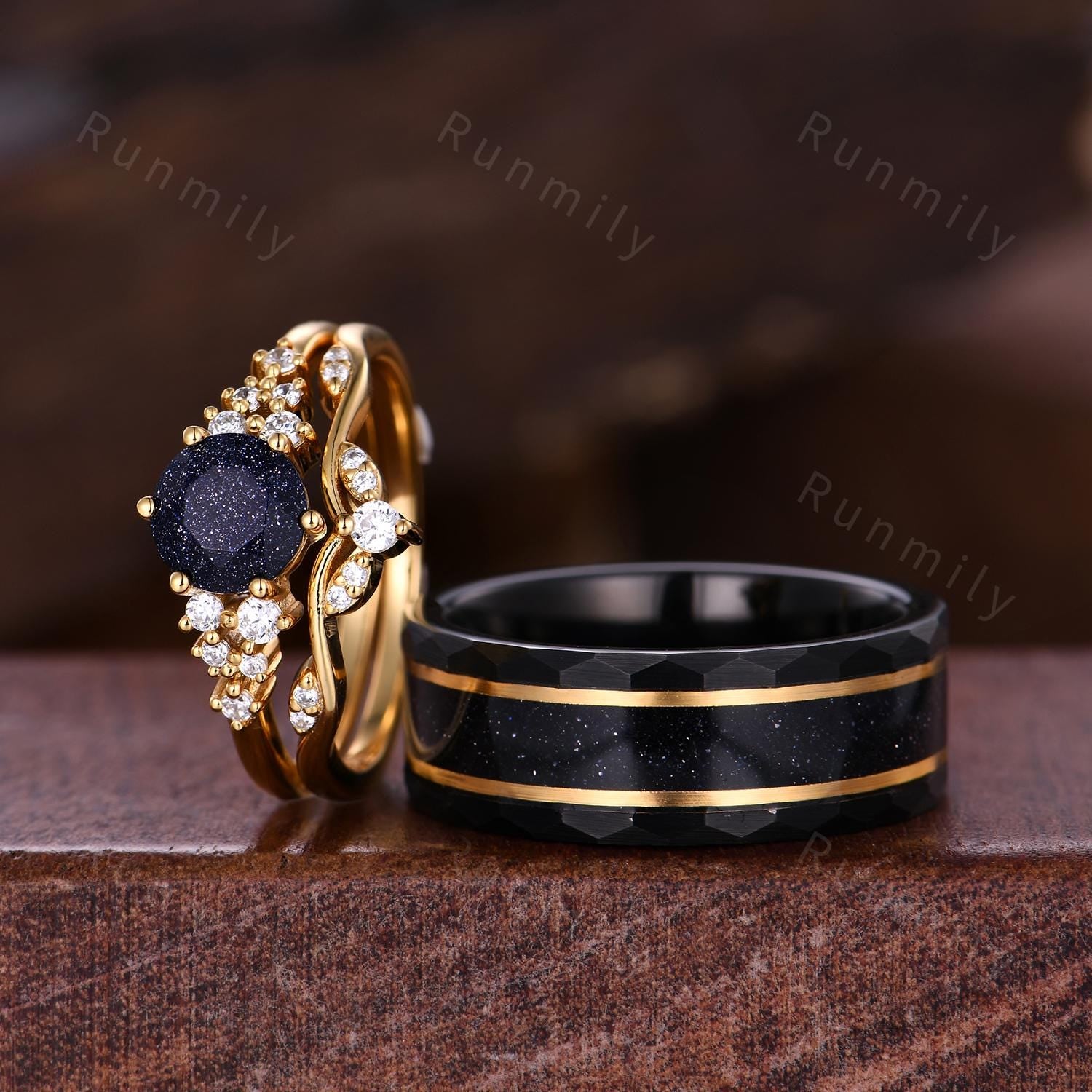 Vintage Blue Sandstone Engagement Ring Set Yellow Gold Couples Ring His and Hers Galaxy Sandstone Wedding Band Anniversary Gift for Couple