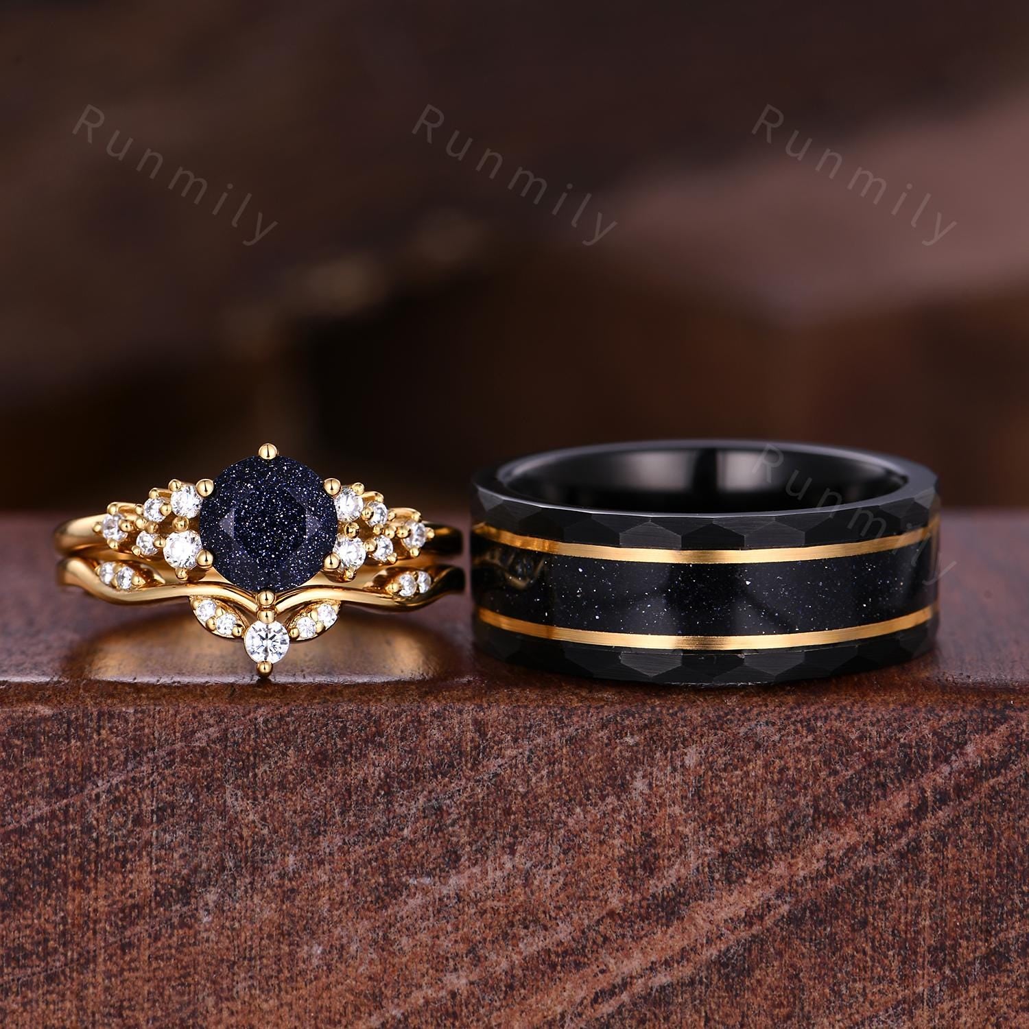 Vintage Blue Sandstone Engagement Ring Set Yellow Gold Couples Ring His and Hers Galaxy Sandstone Wedding Band Anniversary Gift for Couple
