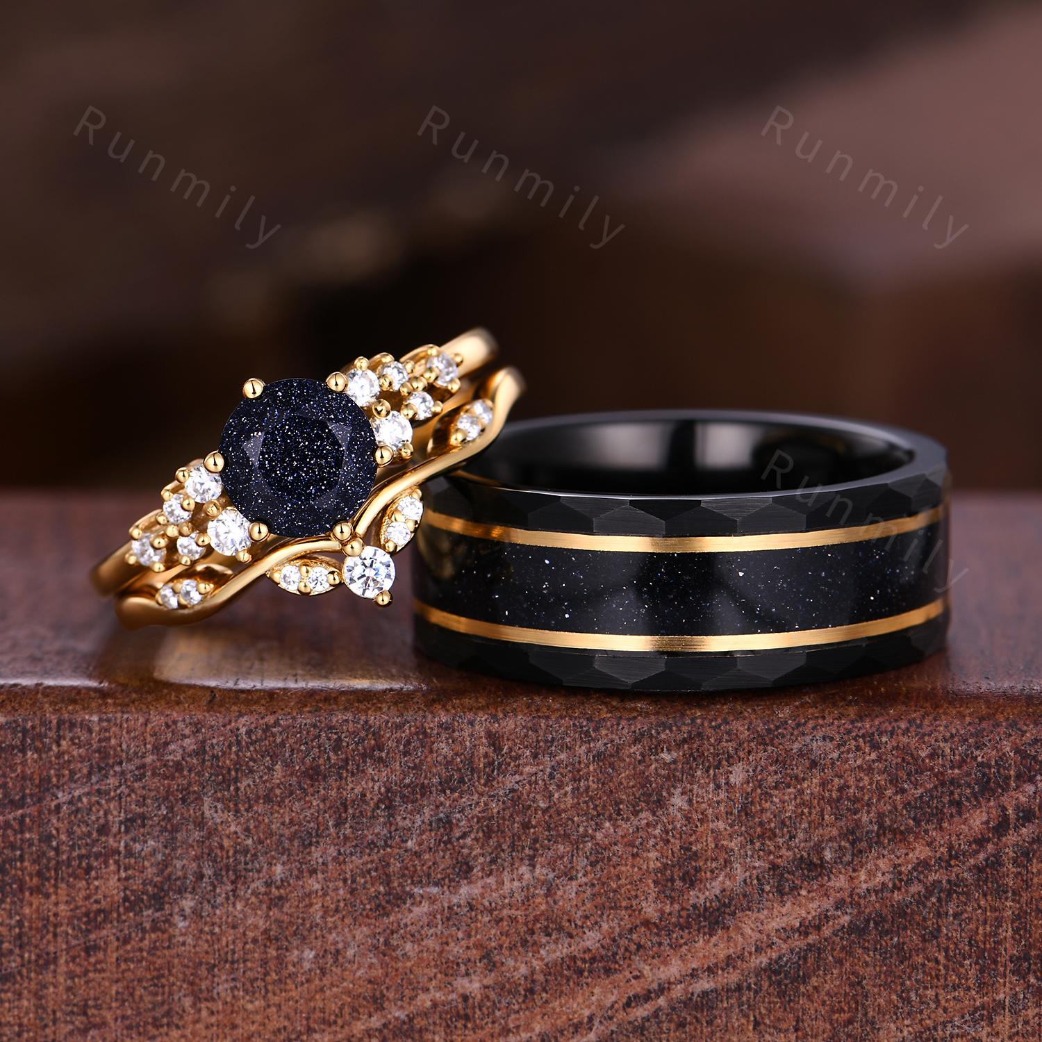 Vintage Blue Sandstone Engagement Ring Set Yellow Gold Couples Ring His and Hers Galaxy Sandstone Wedding Band Anniversary Gift for Couple