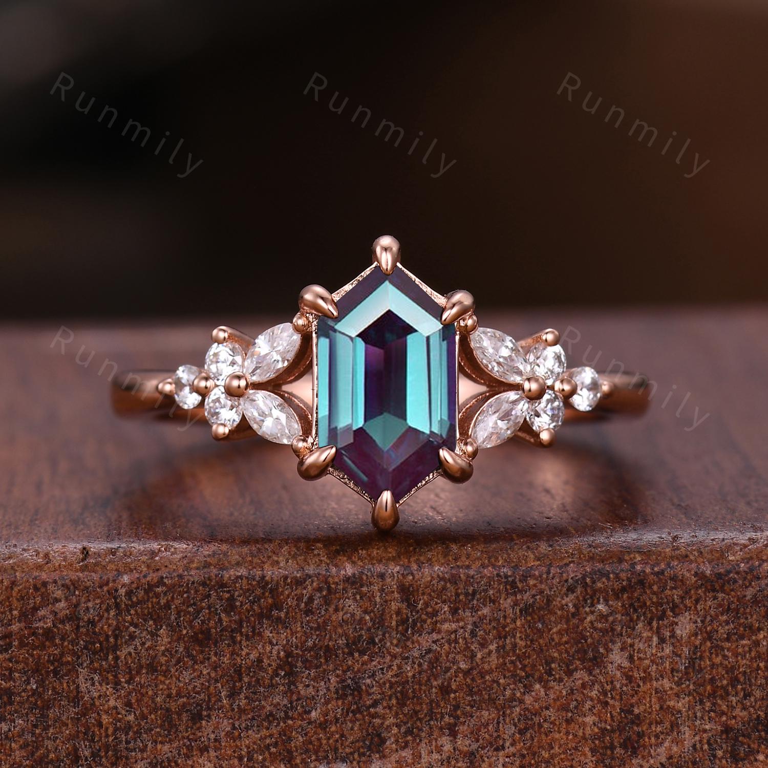 Hexagon cut Alexandrite Engagement ring set Vintage open gap wedding band Rose gold Cluster shank leaf Bridal set Anniversary ring gift