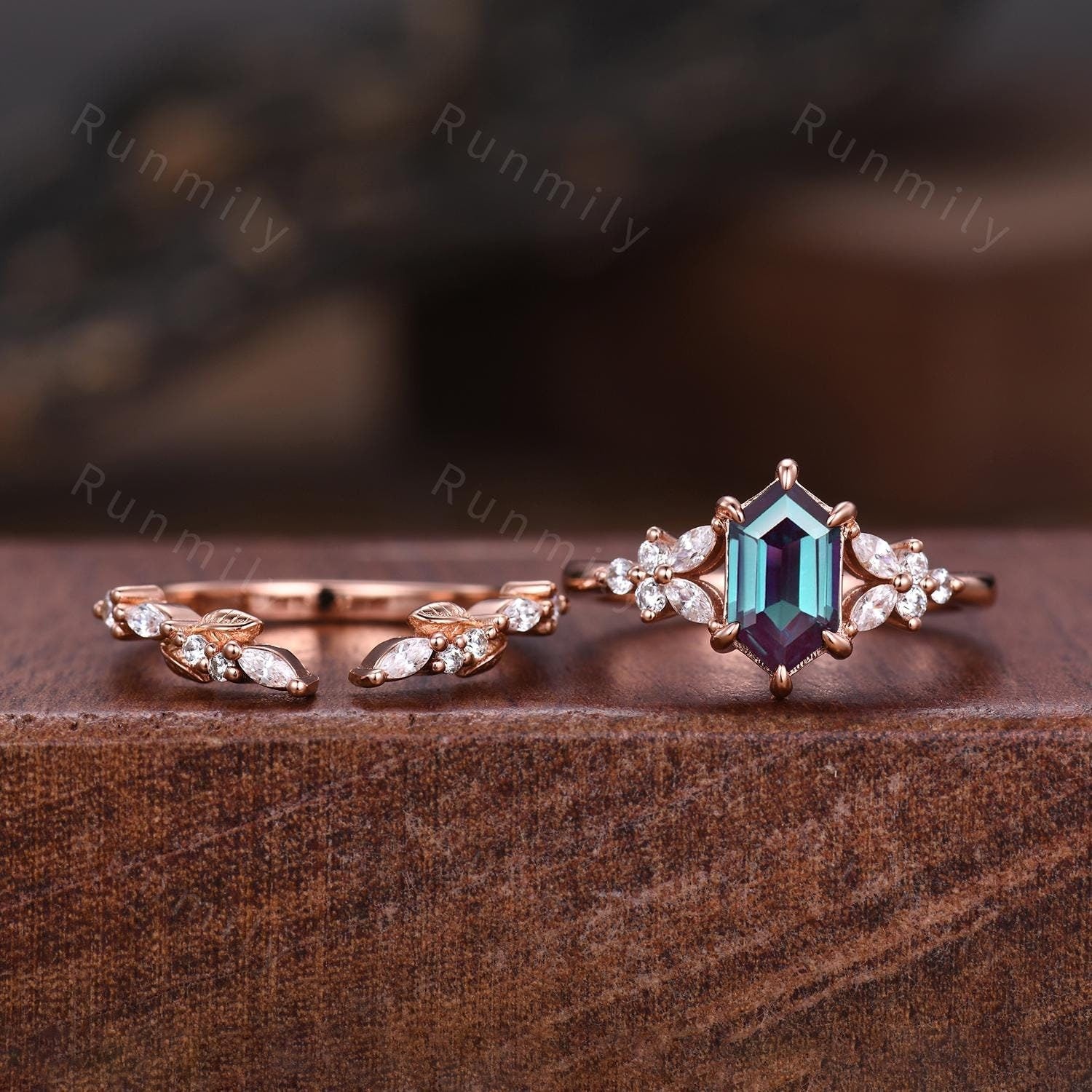 Hexagon cut Alexandrite Engagement ring set Vintage open gap wedding band Rose gold Cluster shank leaf Bridal set Anniversary ring gift