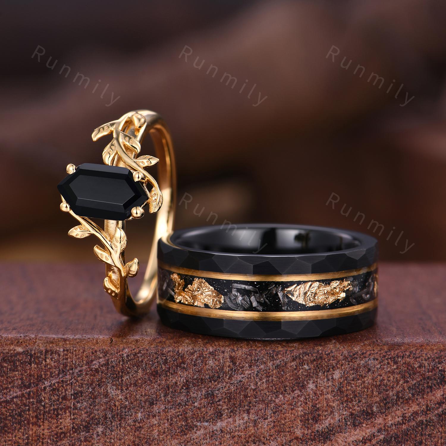 Hexagon cut Black onyx Couples Ring Yellow Gold Matching Ring Set His and Hers Wedding Band Twig Leaf Ring Couple Black Onyx Promise Rings