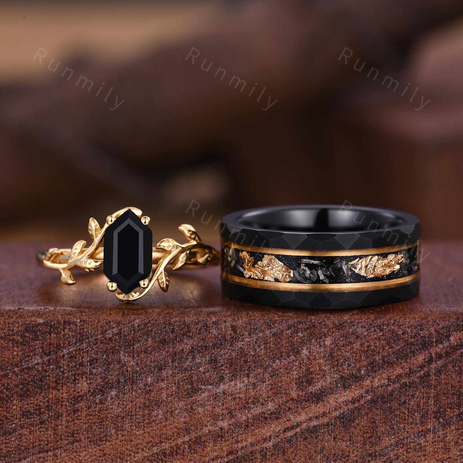 Hexagon cut Black onyx Couples Ring Yellow Gold Matching Ring Set His and Hers Wedding Band Twig Leaf Ring Couple Black Onyx Promise Rings