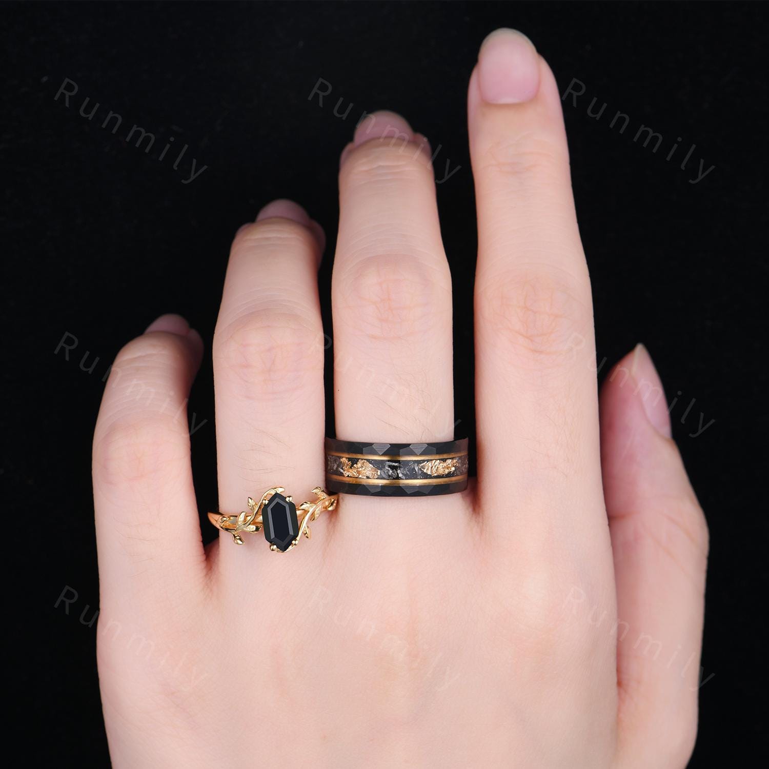 Hexagon cut Black onyx Couples Ring Yellow Gold Matching Ring Set His and Hers Wedding Band Twig Leaf Ring Couple Black Onyx Promise Rings