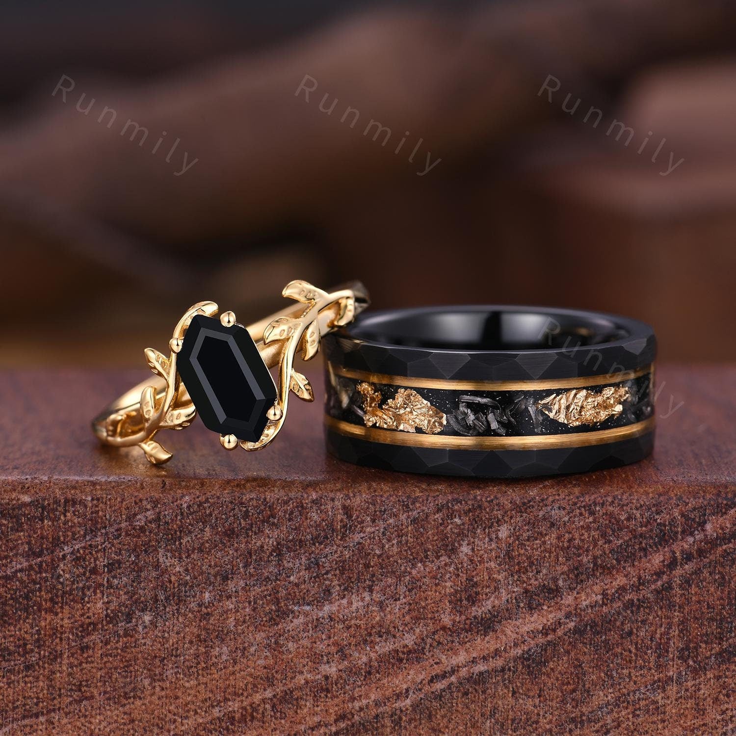 Hexagon cut Black onyx Couples Ring Yellow Gold Matching Ring Set His and Hers Wedding Band Twig Leaf Ring Couple Black Onyx Promise Rings