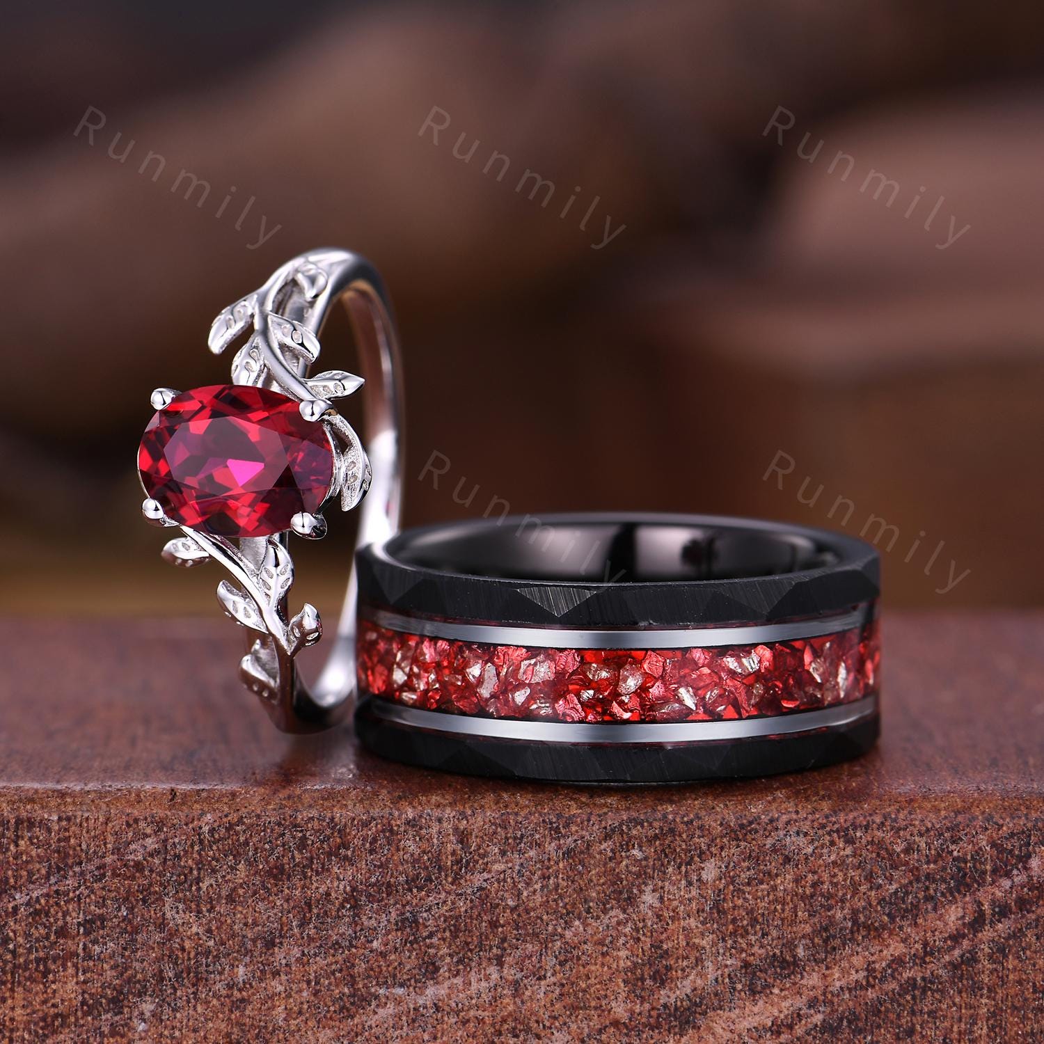 Twig Leaf Ruby Couples Ring Mens Crushed Ruby Ring White Gold His and Hers Wedding Band July Birthstone Couple Ring Set Nature Inspired Ring