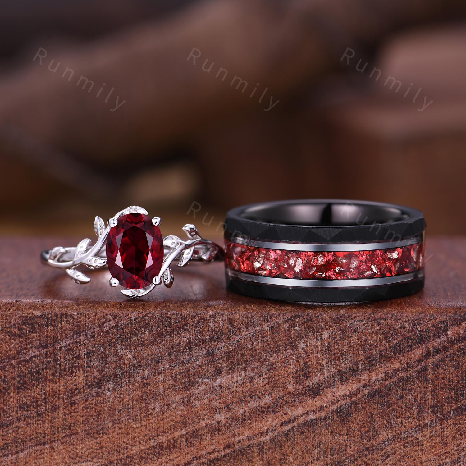 Twig Leaf Ruby Couples Ring Mens Crushed Ruby Ring White Gold His and Hers Wedding Band July Birthstone Couple Ring Set Nature Inspired Ring