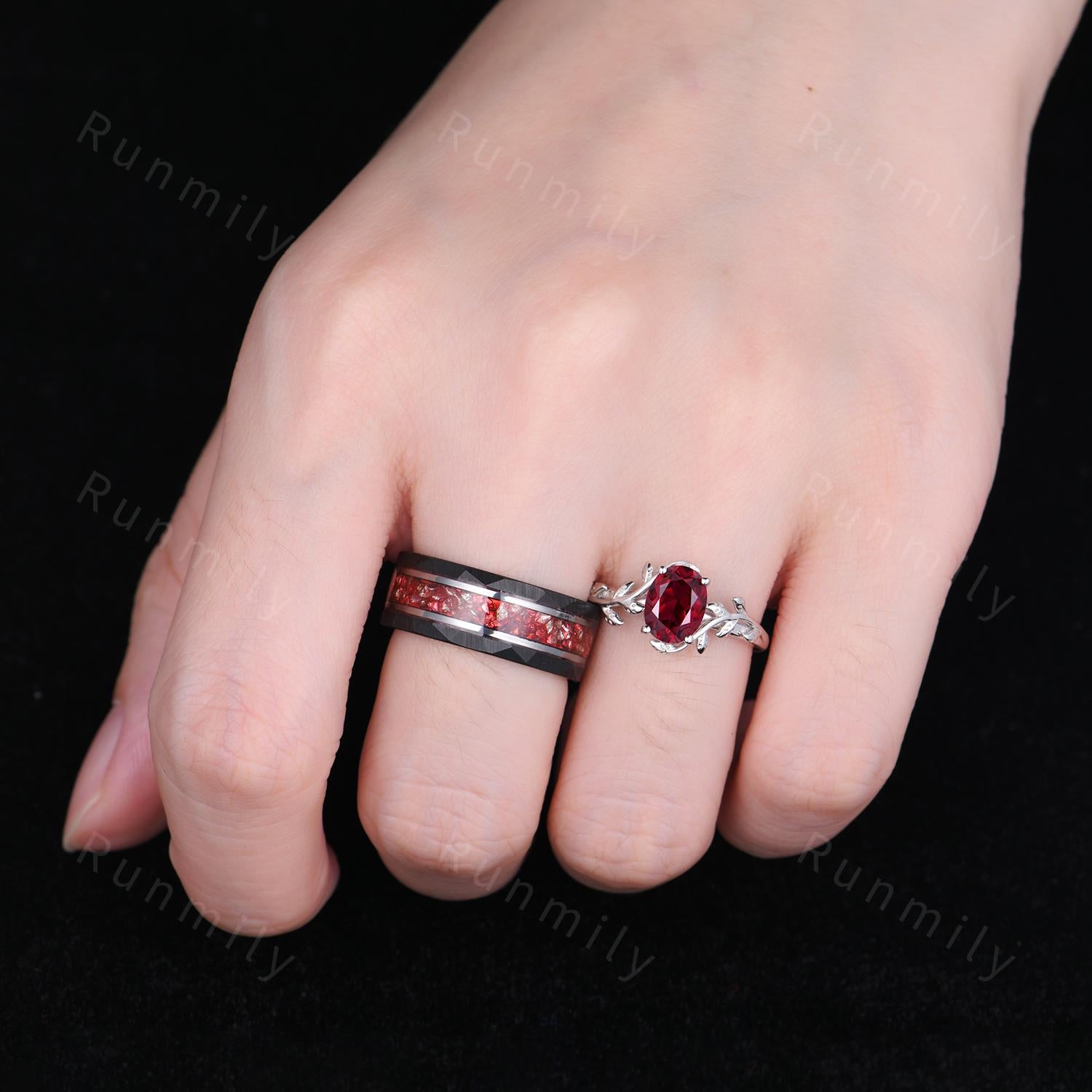 Twig Leaf Ruby Couples Ring Mens Crushed Ruby Ring White Gold His and Hers Wedding Band July Birthstone Couple Ring Set Nature Inspired Ring
