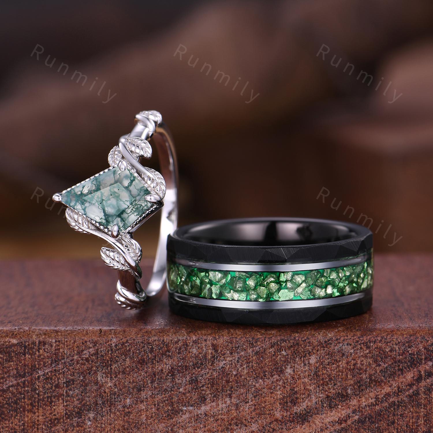 Kite cut Moss Agate Couples Ring Set Twig Leaf Moss Agate Ring for Women Vintage His and Hers Wedding Band Men's Tungsten Emerald Ring