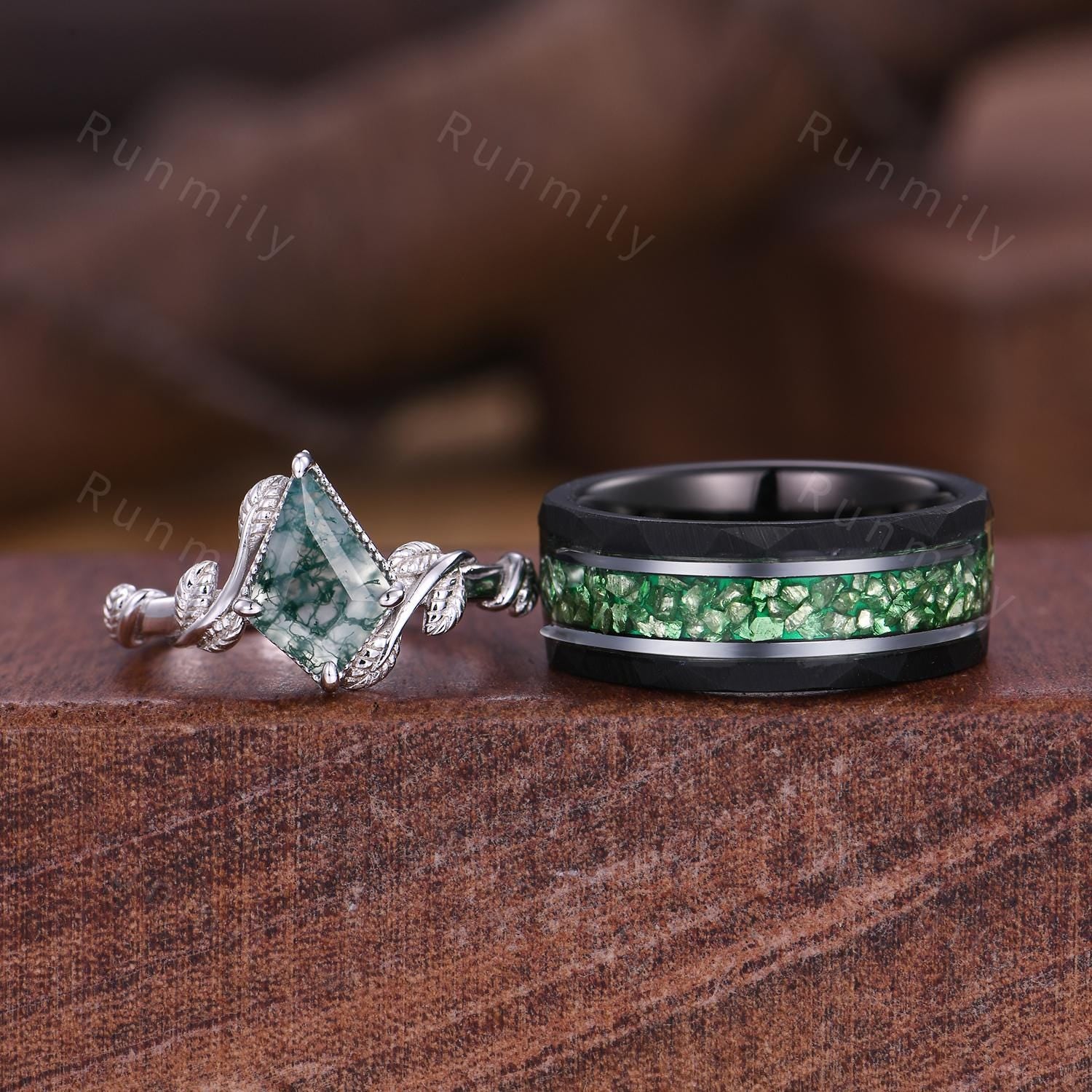 Kite cut Moss Agate Couples Ring Set Twig Leaf Moss Agate Ring for Women Vintage His and Hers Wedding Band Men's Tungsten Emerald Ring