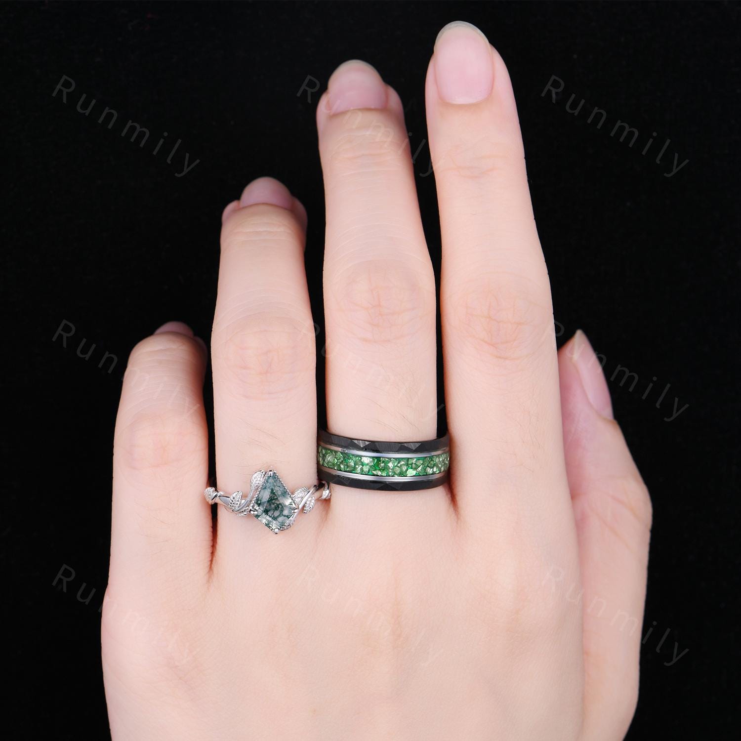 Kite cut Moss Agate Couples Ring Set Twig Leaf Moss Agate Ring for Women Vintage His and Hers Wedding Band Men's Tungsten Emerald Ring