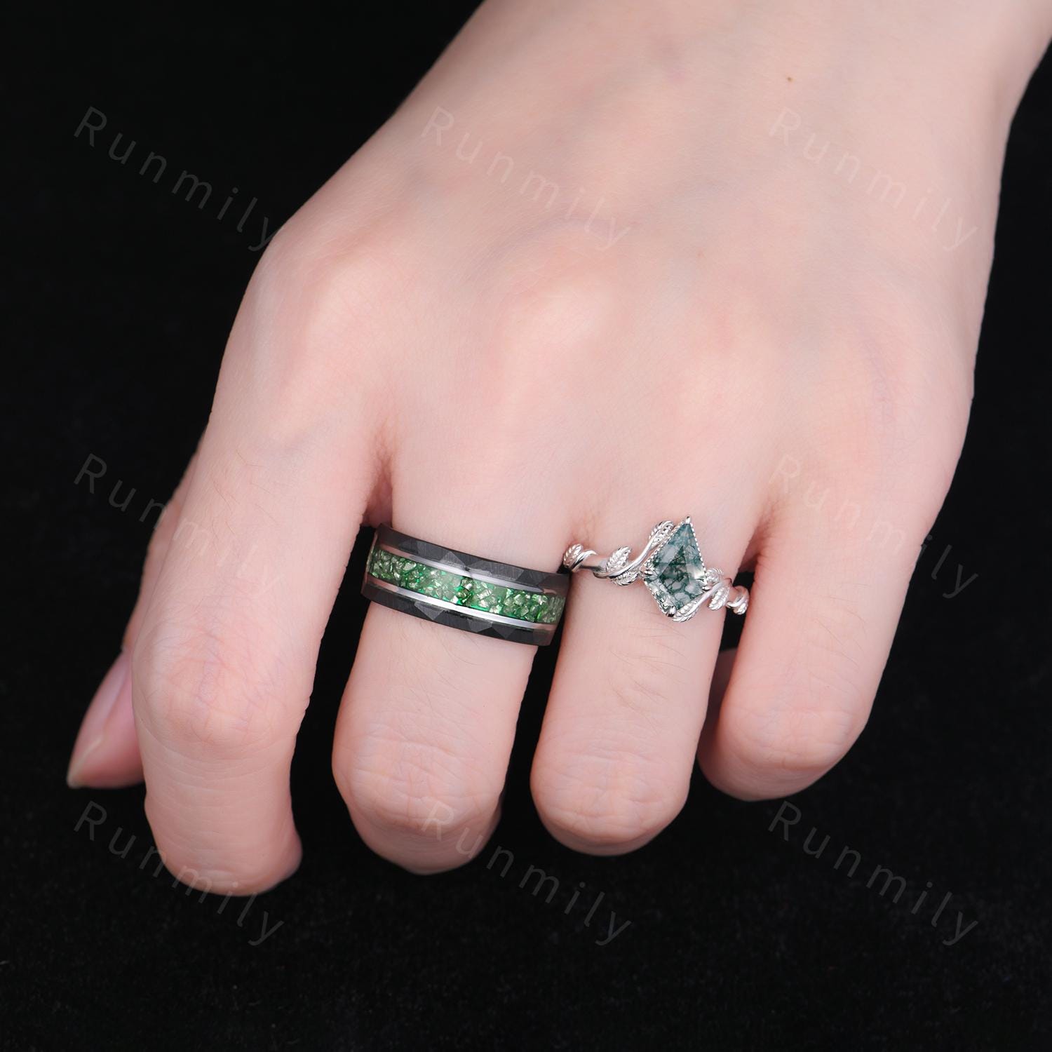 Kite cut Moss Agate Couples Ring Set Twig Leaf Moss Agate Ring for Women Vintage His and Hers Wedding Band Men's Tungsten Emerald Ring