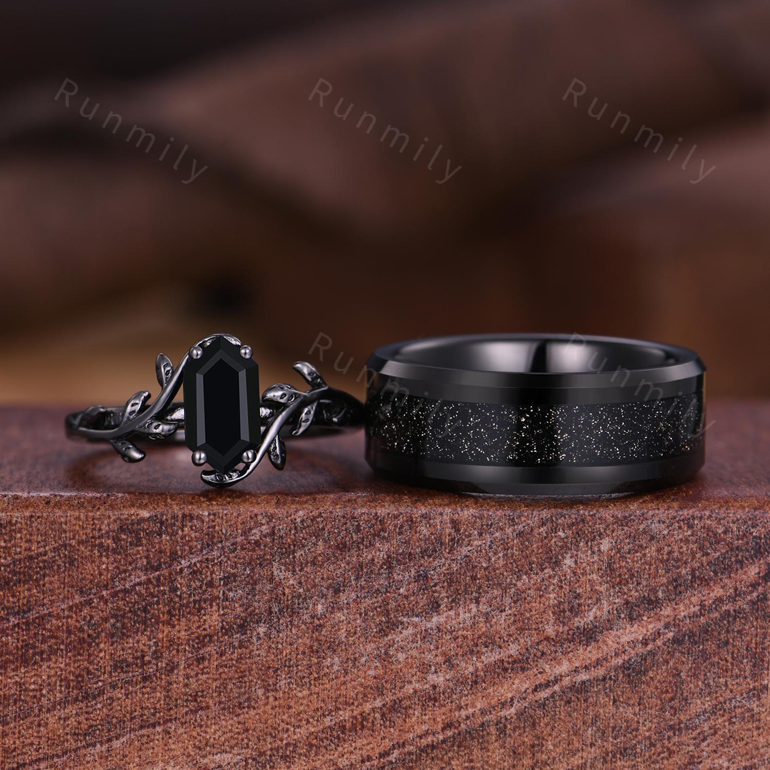 Galaxy Black Onyx Couples Ring Gothic Black Gold His and Hers Wedding Band Nature Inspired Ring Men's Tungsten Ring Promise Rings For Couple
