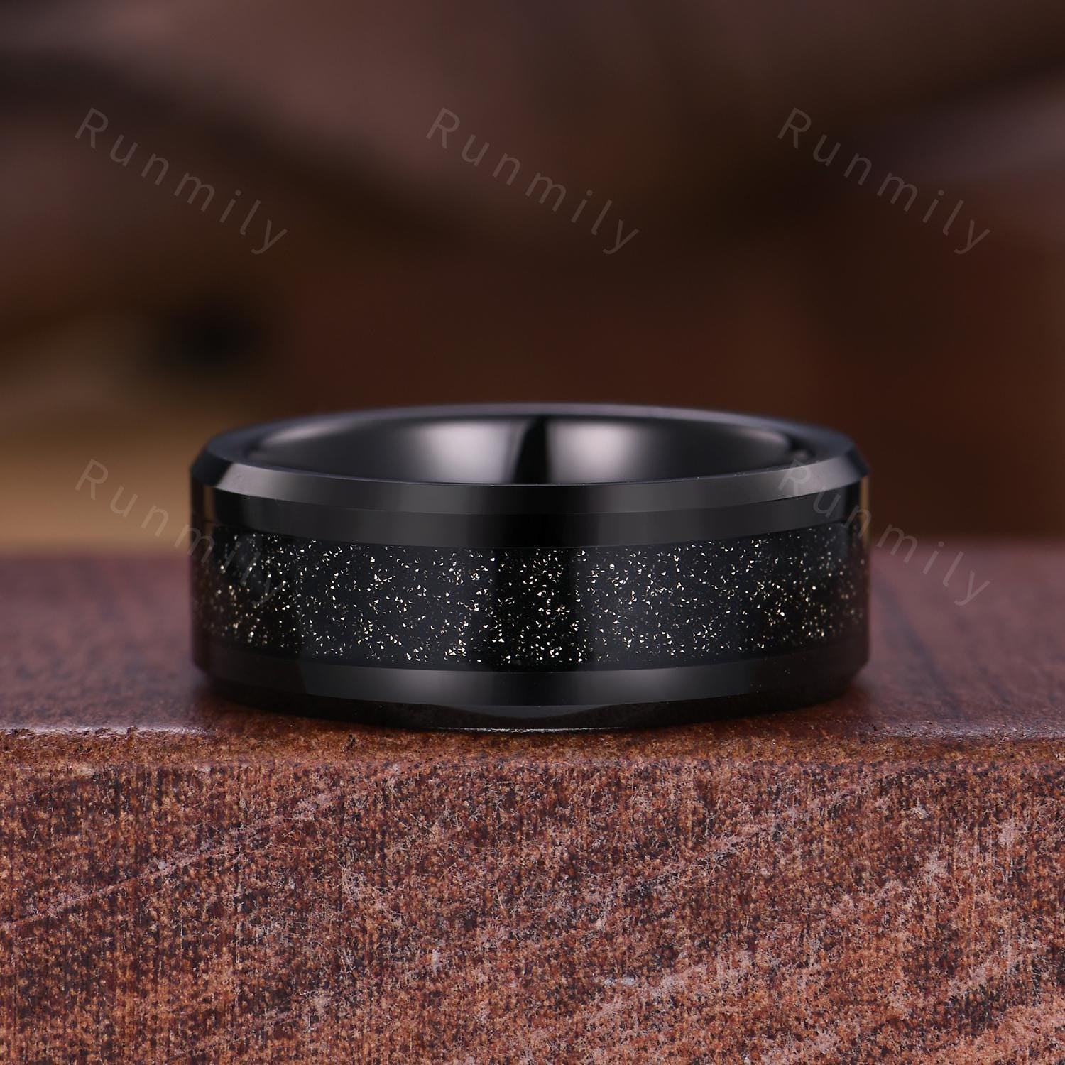 Galaxy Black Onyx Couples Ring Gothic Black Gold His and Hers Wedding Band Nature Inspired Ring Men's Tungsten Ring Promise Rings For Couple