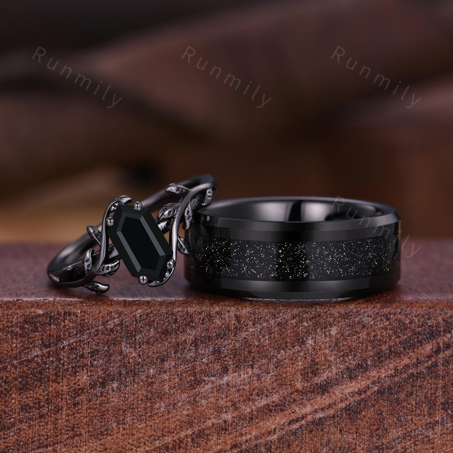 Galaxy Black Onyx Couples Ring Gothic Black Gold His and Hers Wedding Band Nature Inspired Ring Men's Tungsten Ring Promise Rings For Couple