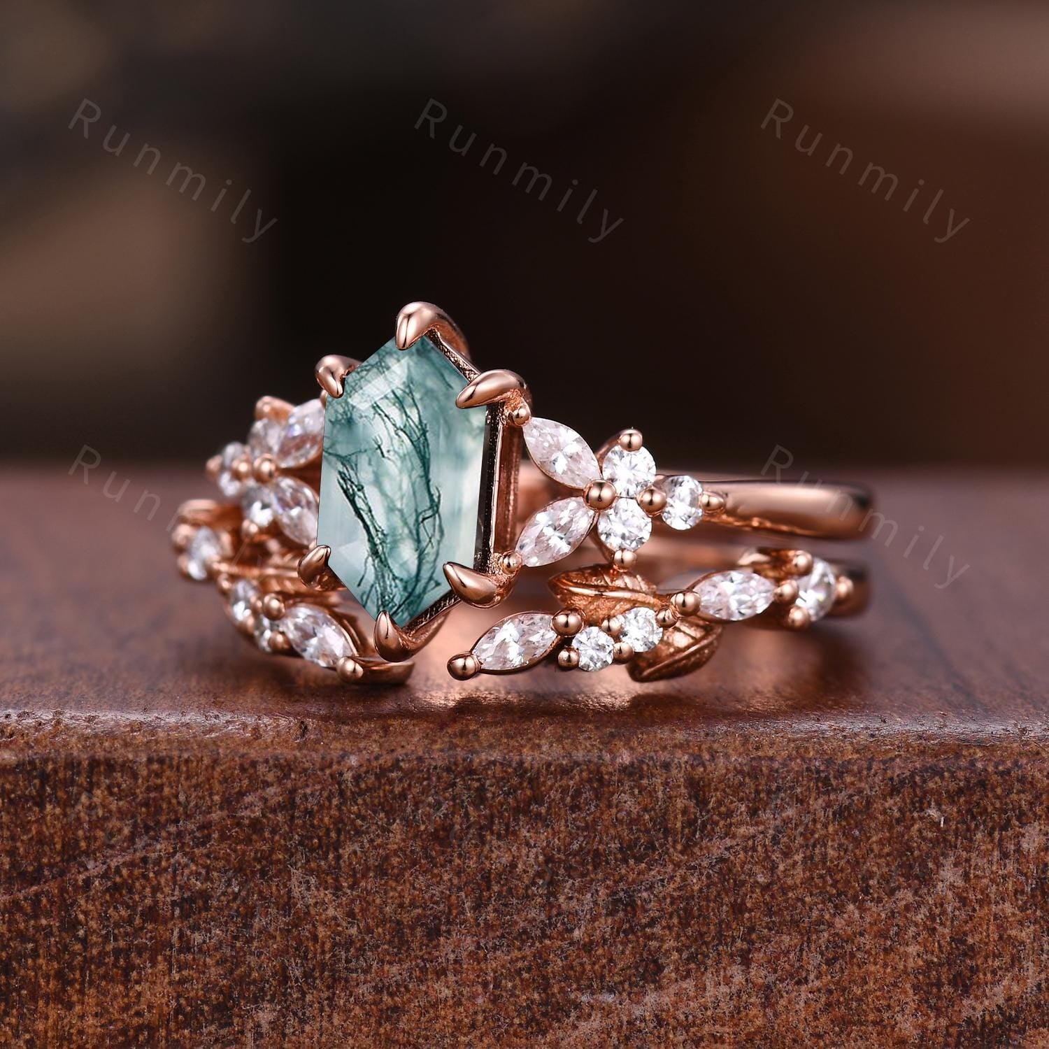 Hexagon cut Moss Agate Engagement ring set Vintage open gap wedding band Rose gold Cluster shank leaf Bridal set Anniversary ring gift