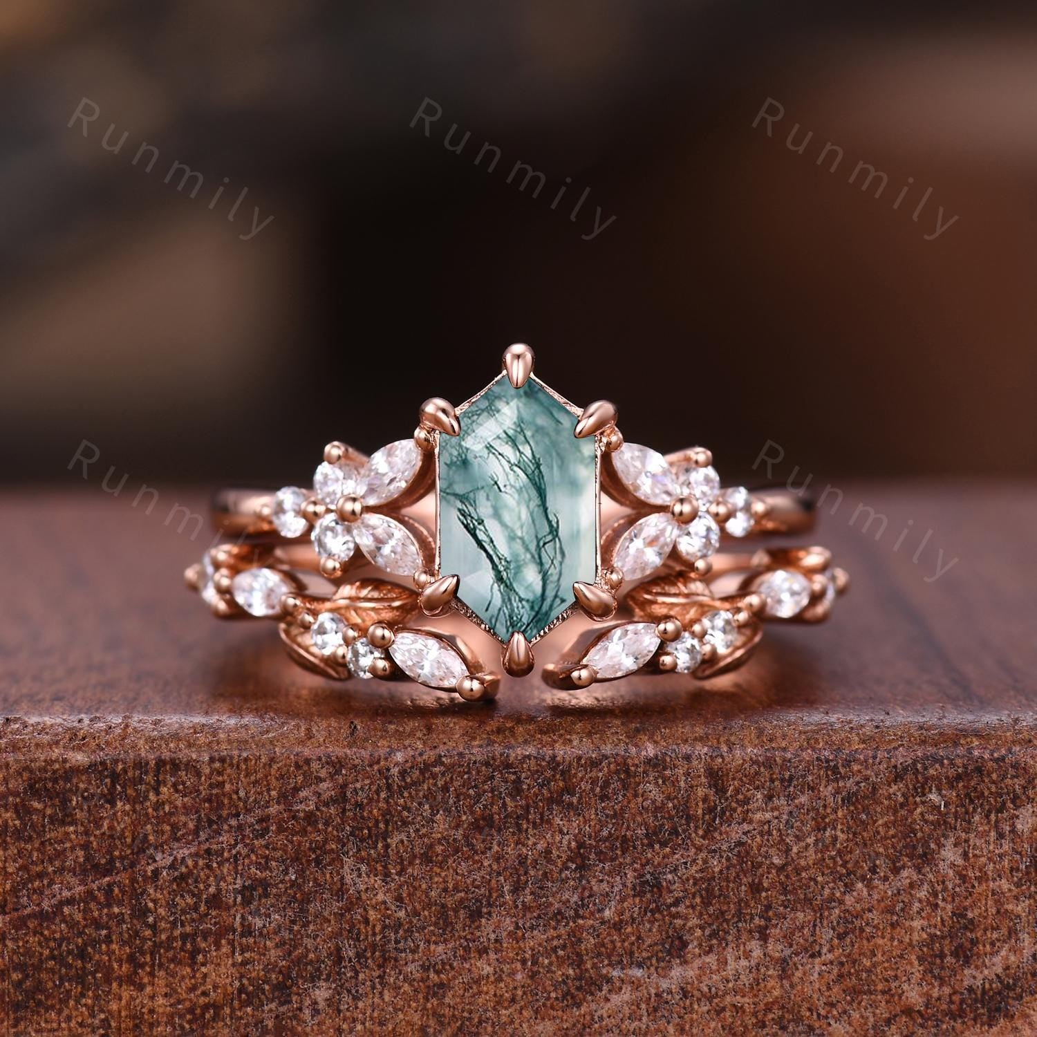 Hexagon cut Moss Agate Engagement ring set Vintage open gap wedding band Rose gold Cluster shank leaf Bridal set Anniversary ring gift